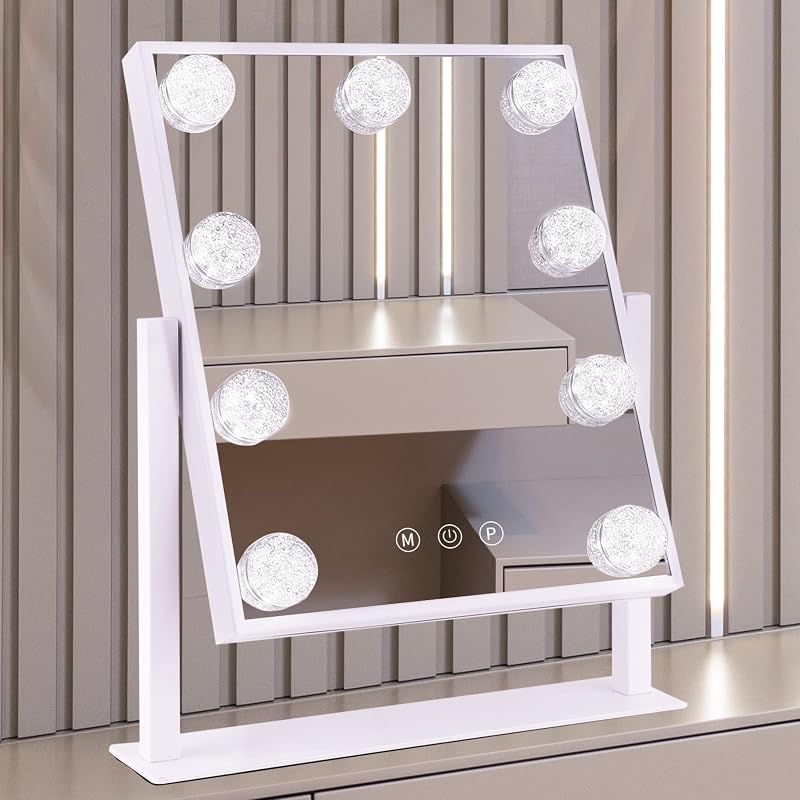 Vanity Mirror with Lights, Makeup Mirror with 9 LED Diamond Bulbs | Hollywood Mirror Touch Control Design 3 Colors Dimmable Bulbs Detachable 10X Magnification 360°Rotation