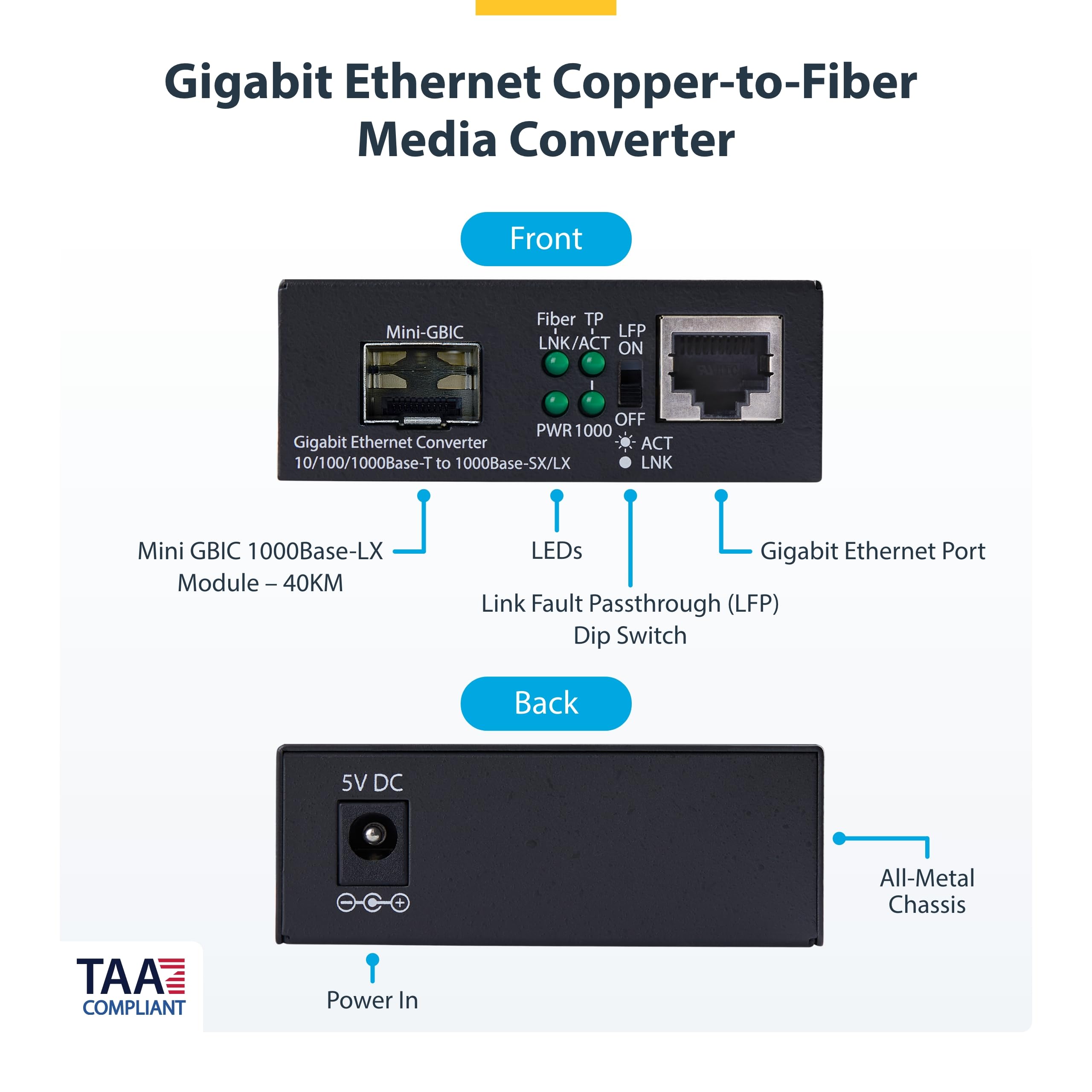 StarTech Convertisseur Média Gigabit Cuivre vers Fibre, Monomode LC, 40km | RJ45 vers LC, 1000BASE-LX, Trames Jumbo 9K, Full/half duplex, LFP, Rail DIN