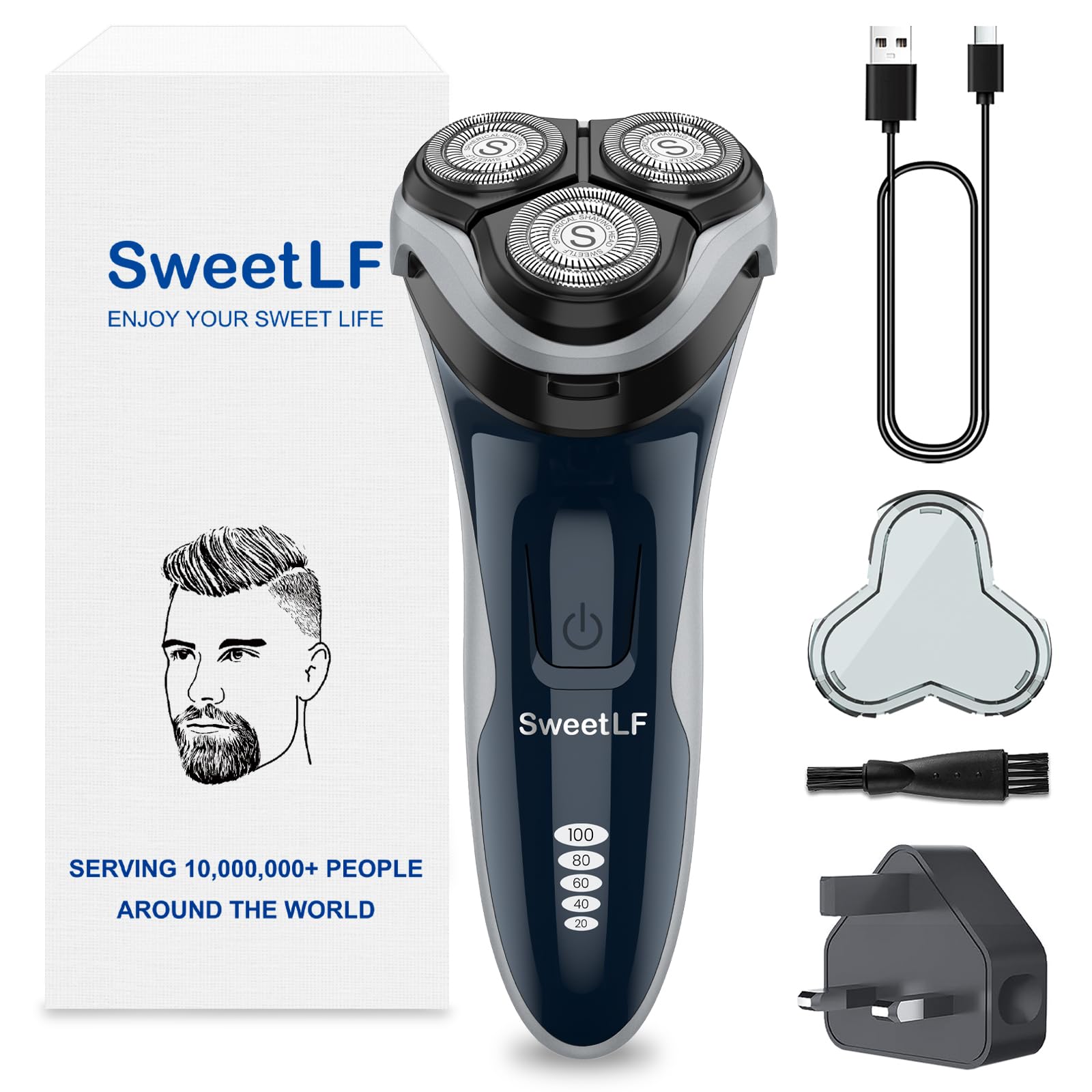 Electric Razor for Men, 120 Min Shaving, Fast UK Adapter (1H Charging),100% Waterproof, Wet & Dry Rotary Shavers for Men with Pop-up Trimmer, LED Display, Dark Blue