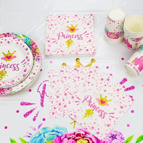 Miniatura 3 de Decoraciones de fiesta de princesa 81 piezas de decoración de castillo, incluyendo platos de papel rosa, servilletas y mantel para decoraciones de