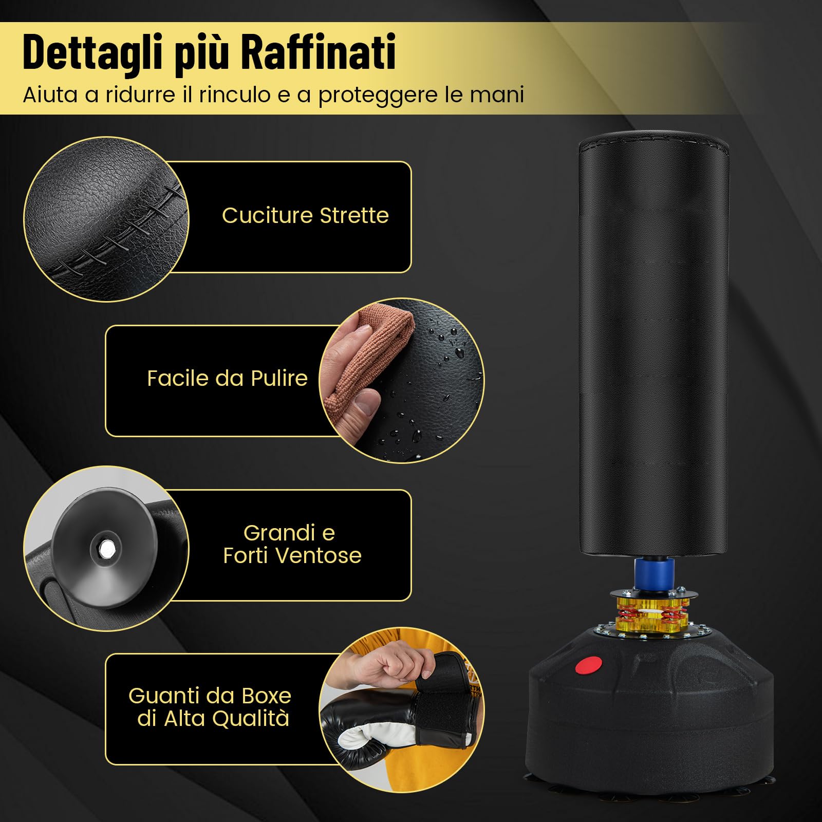 COSTWAY Sacco da Boxe 173 cm, Sacca da Boxe da Terra Autoportante e Pesante con Guantoni, Base a Ventosa, Costruzione a 5 Strati e Sistema Antivibrazioni per Adulti e Palestra Domestica