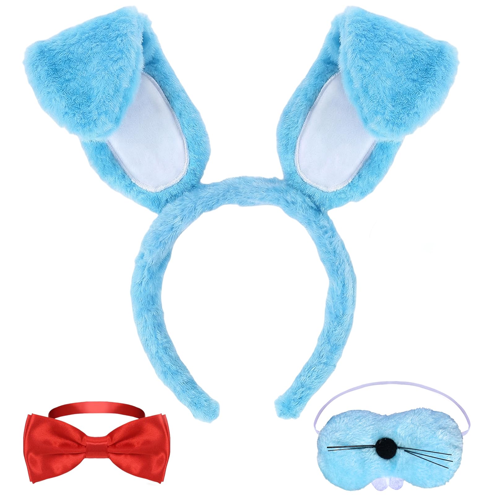 3PCS Bunny Costume Accessories Set Purple Blue Bunny Ear Headband Bow Nose Unisex Funny Easter Cosplay Dress Up Party, Blue, One Size