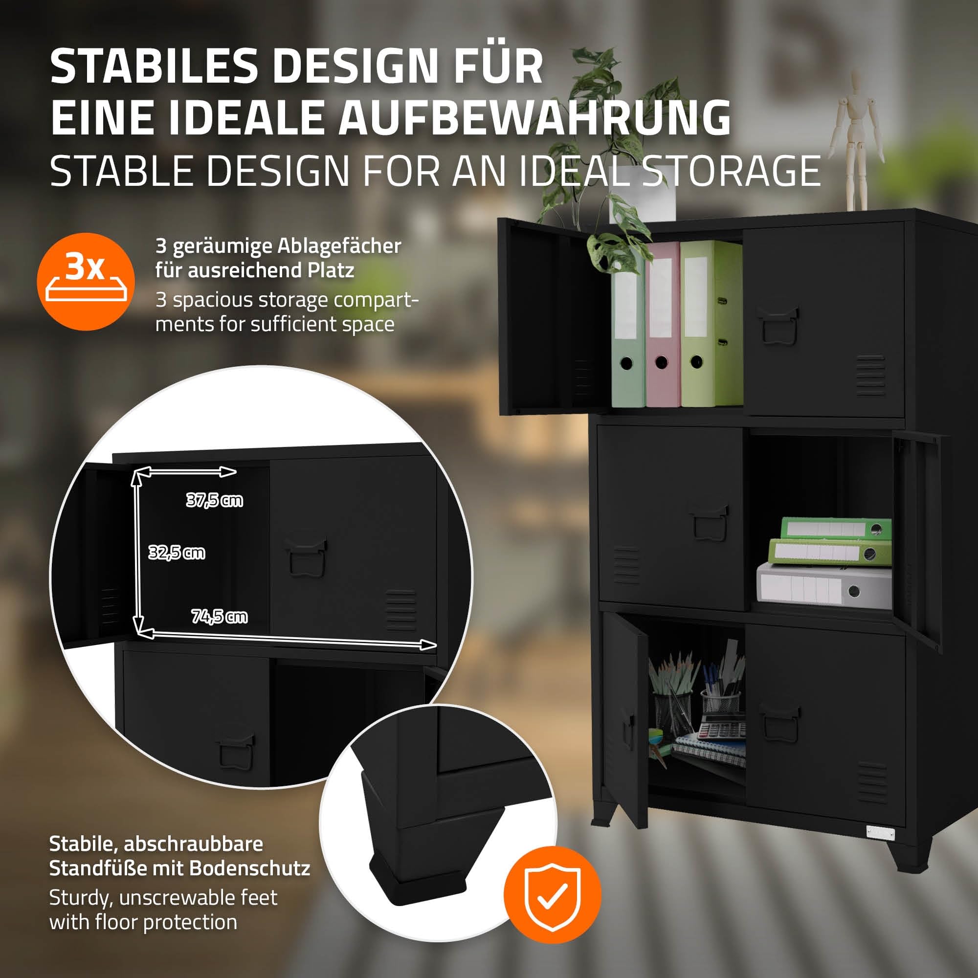 ML-Design Schedario da Ufficio 75x40x120,5 cm Nero Acciaio Mobile a 4 Gambe Armadietto in Metallo 6 Ante 3 Scomparti Interni Armadio Industriale Portadocumenti in Acciaio di Stoccaggio