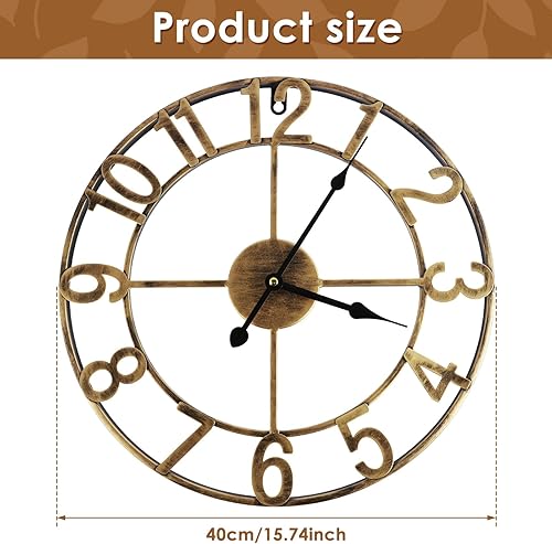 Miniatura 2 de Reloj de pared grande, reloj de pared redondo silencioso de 16 pulgadas, sin tictac, funciona con pilas, reloj de pared de hierro rústico vintage,