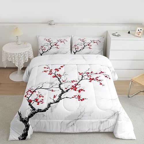 Miniatura 3 de Erosebridal Juego de ropa de cama de 3 piezas con diseño de flor de cerezo, juego de edredón de mármol blanco y gris para niñas y mujeres, edredón