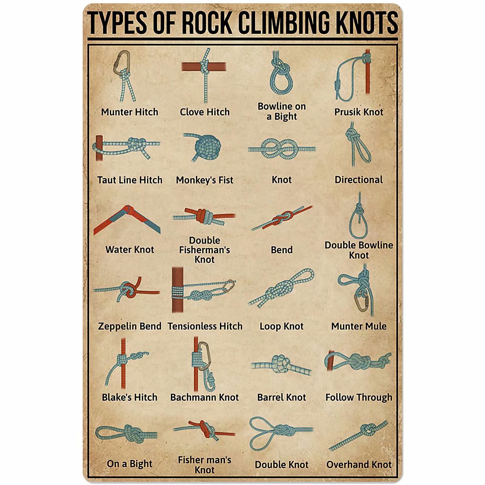 FJQWKLF Climbing Knowledge Posters Types Of Rock Climbing Knots Posters Wall Decor Popular Science Guide Room Decor Bathroom Decor Vintage Printing Plaque 8x12 Inches