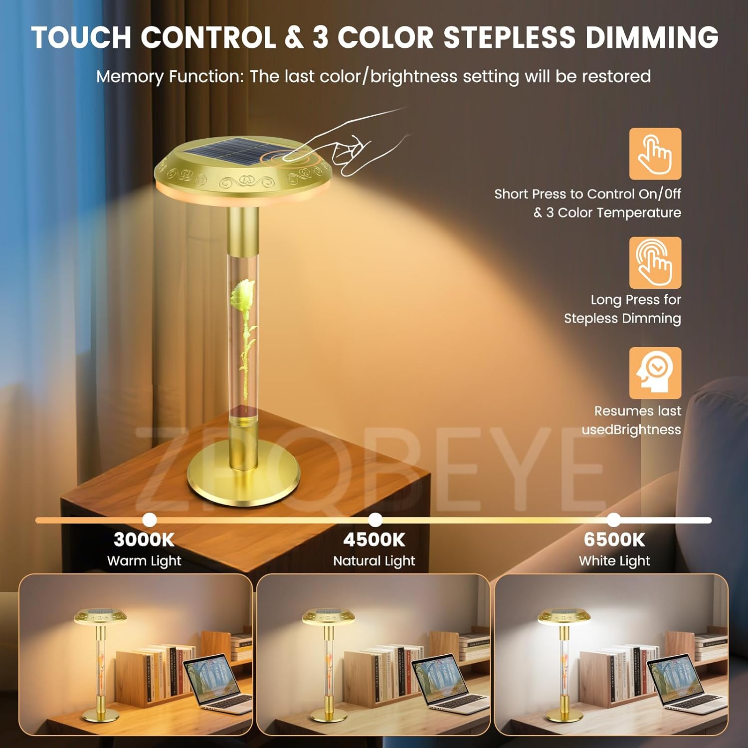 Portable Table Lamp with 7-Color Changing Rose, 3 Way Colors Touch Control Stepless Dimmable, Cordless USB Rechargeable Solar nightstand lamp for Outdoor Home Living Room Bedroom balcony Desk bar