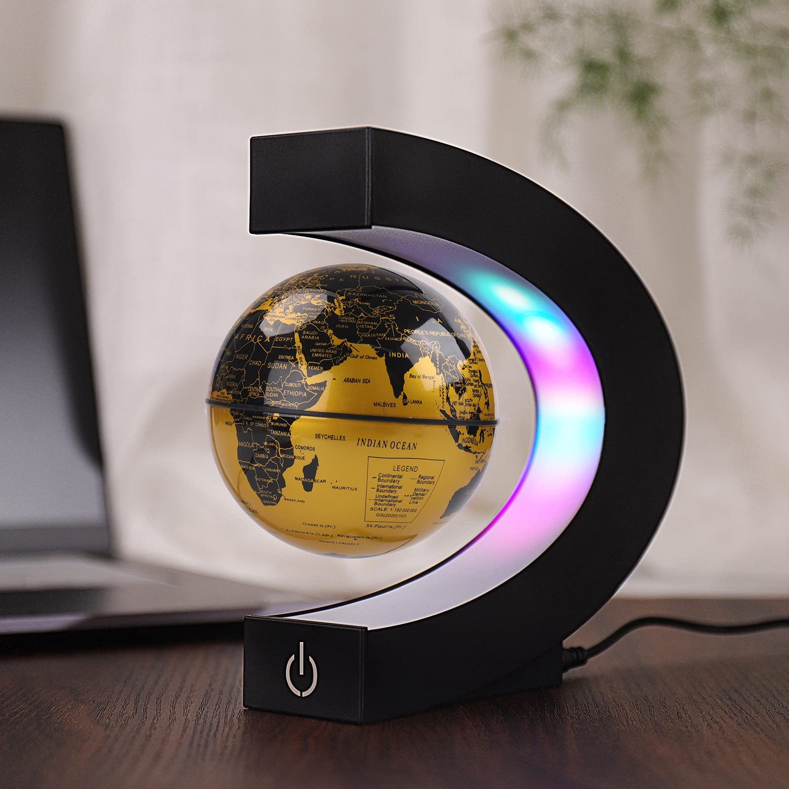 Magnetischer Schwimmender Globus mit farbigen LED-Lichtern C-Form Anti-Schwerkraft-Magnetschwebebahn Rotierende Weltkarte für Geschenk Home Office Schreibtischdekoration (Mit Schalter, Gold)
