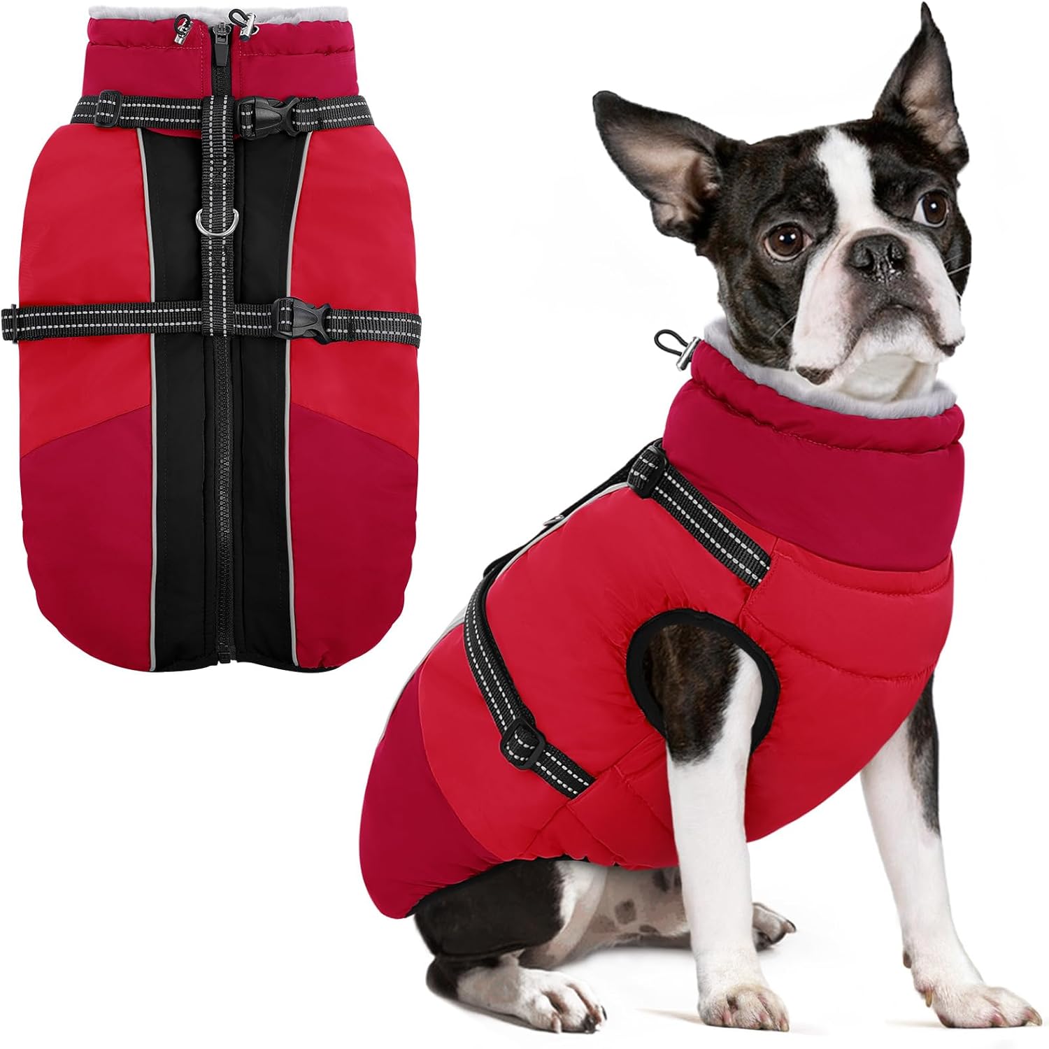 SUNFURA Dog Winter Coat, Warm Dog Coat with Harness for Medium Dogs Boys Girls, Reflective Fleece Lined Pet Winter Jacket Snowsuit for Pug, Jack Russel, Schnauzer, Red M Medium Red