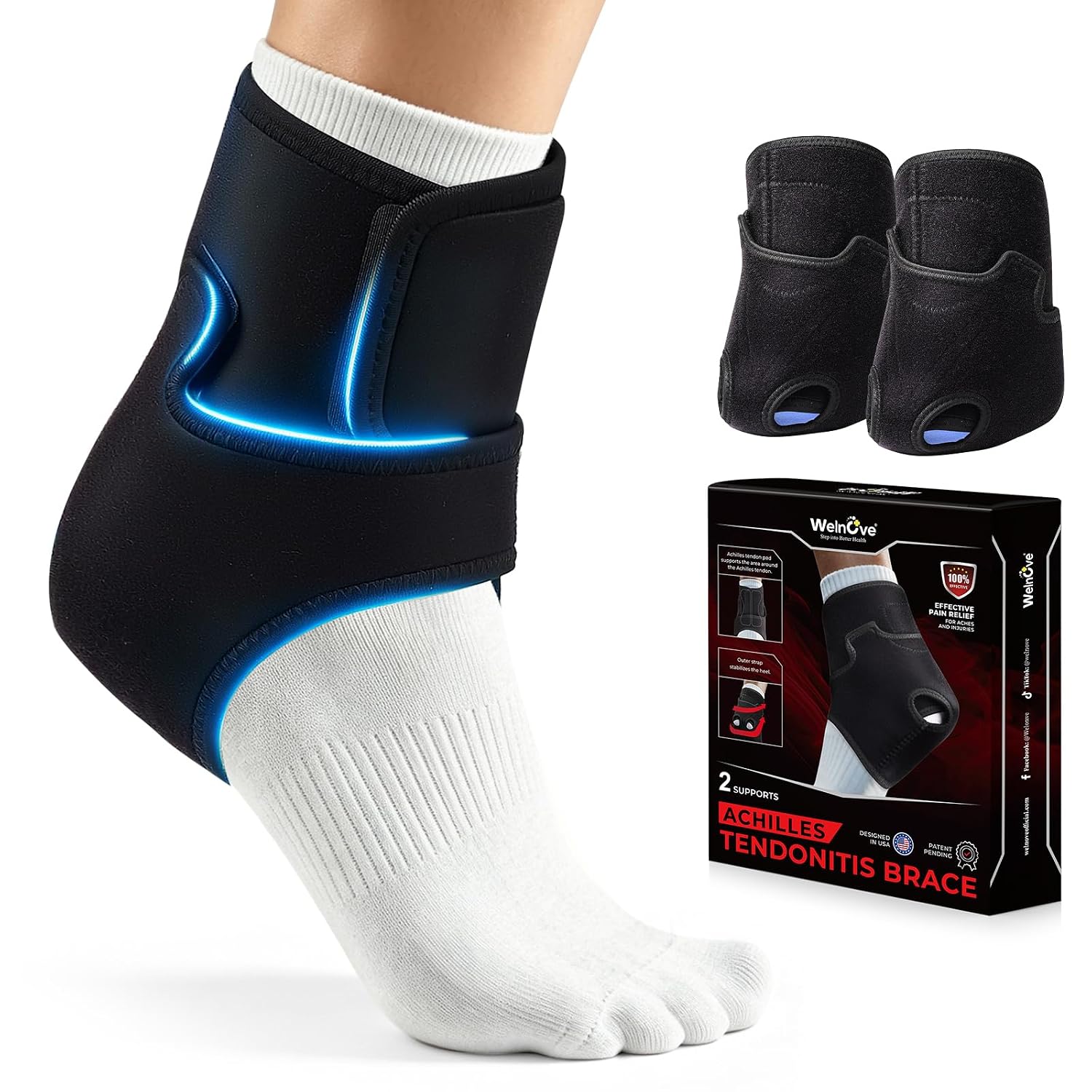Welnove Achilles Tendonitis & Ankle Brace – Heel Lock Support for Ankle Dorsiflexion Relief, Adjustable Achilles Tendon Support Compression Pad for Men Women Heel Protectors (1 Pair, Size L, Black)