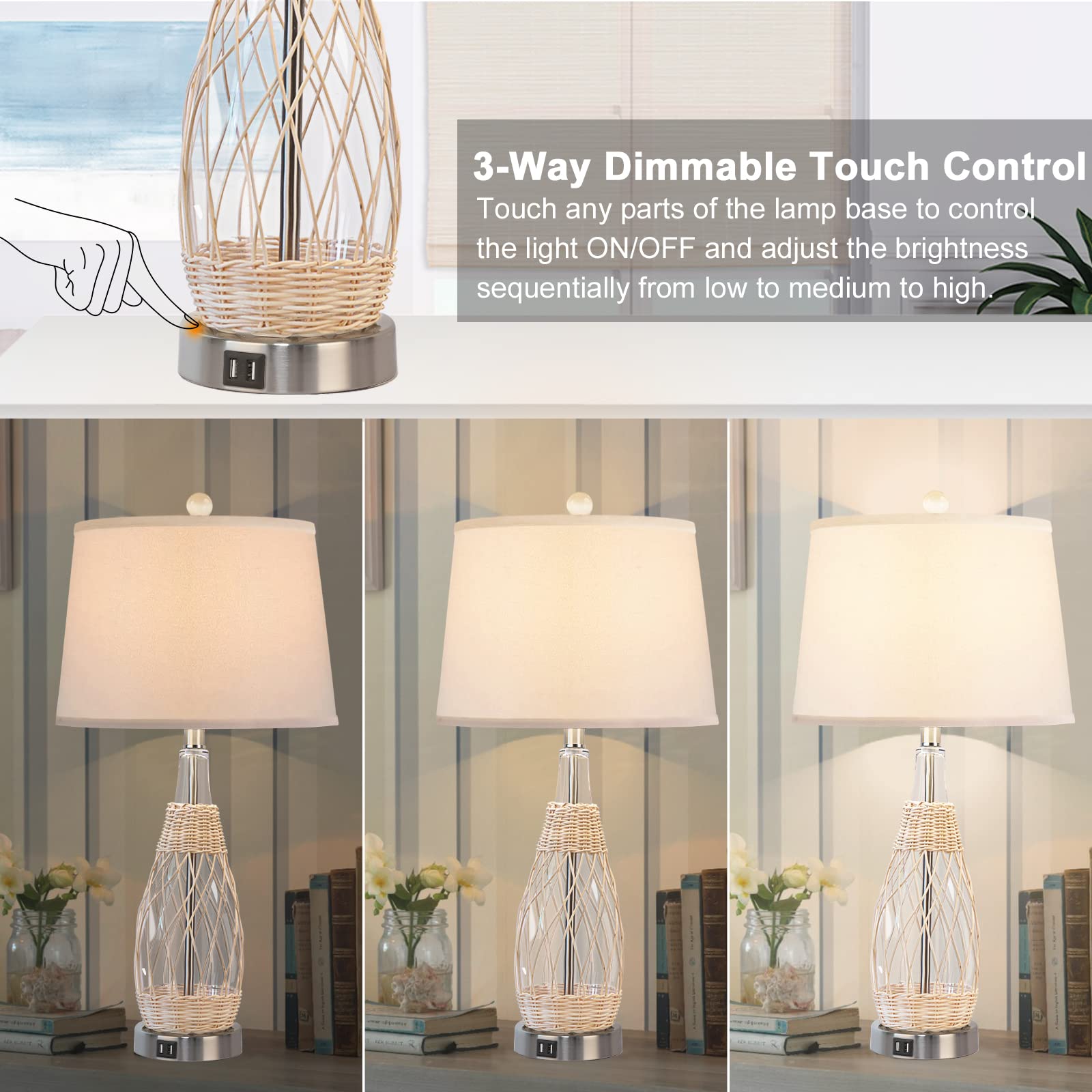 QiMH Glass Table Lamp for Bedroom Set of 2, 26.5" Coastal Rattan Bedside Lamps with 3-Way Dimmable Touch Control USB Ports White Fabric Shade Farmhouse Nightstand Lamp for Living Room(Bulbs Included)