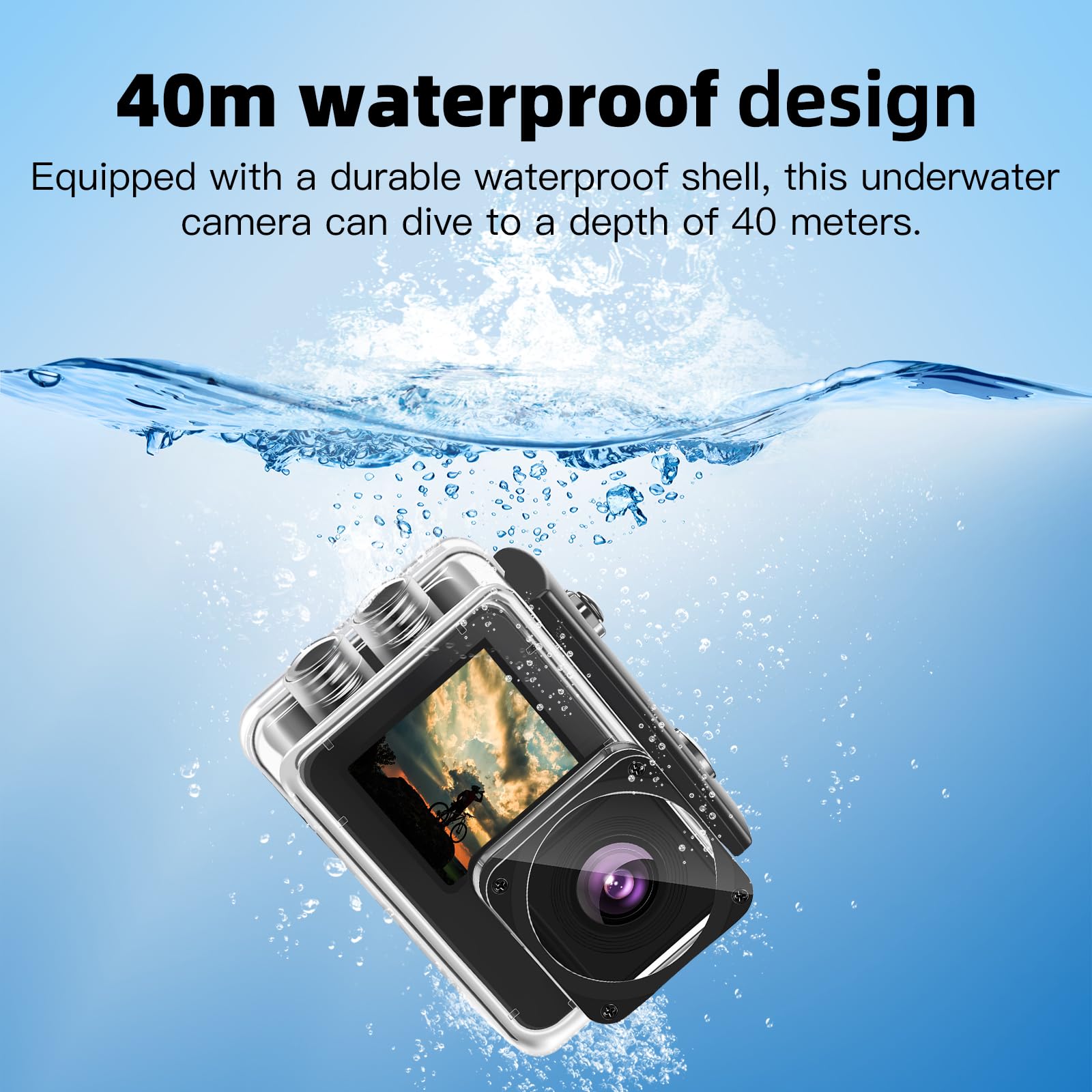 Cámara Deportiva 1080P FHD 16MP, Cámara Acuática con Doble Pantalla de 2" y 1.3", Sumergible 40M para Vlogging y Buceo, Incluye Tarjeta SD 32GB, 2 Baterías de 1050mAh y Accesorios（Negro）