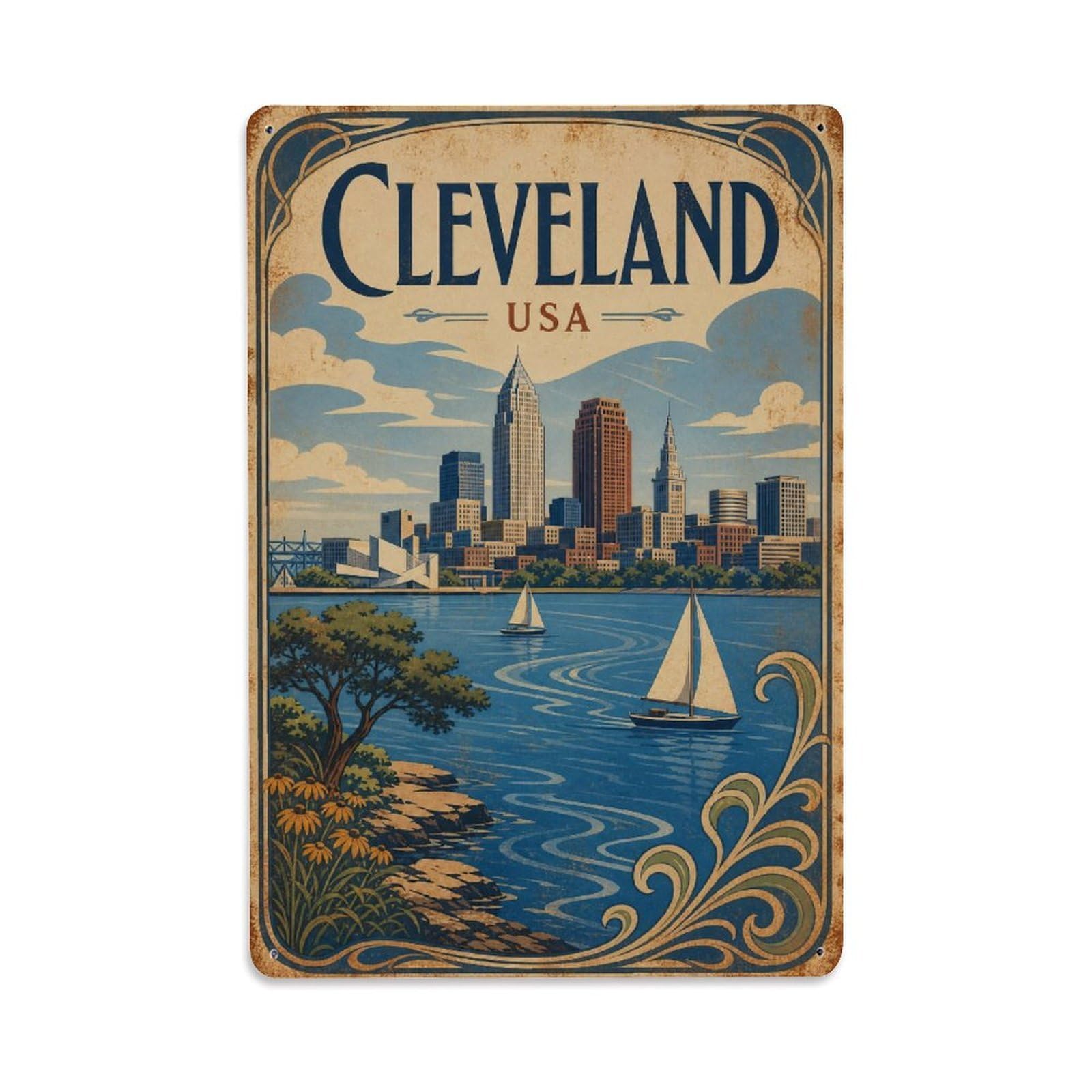 Vintage Travel USA Cleveland Metal Tin Sign