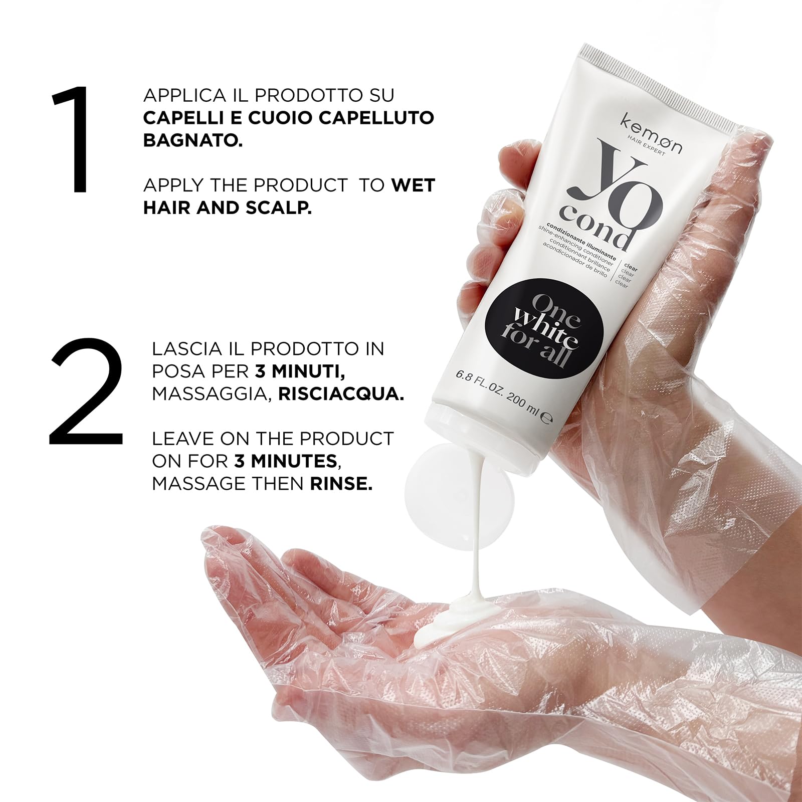 Kemon Yo Cond Clear - Maschera Riflessante Professionale con Formula YoVeg e Velian Complex, Nutre e Illumina i Capelli in 3 Minuti, 88% Ingredienti Naturali, 200 ml