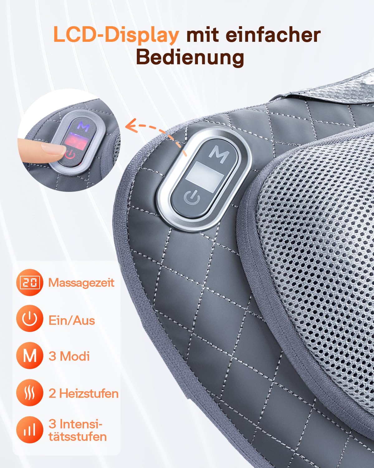 ALLJOY Nackenmassagegerät mit Wärmefunktion, Kabelloses Shiatsu Massagekissen mit LCD-Display & Akku,Rückenmassagegerät mit 3D-Rotationsköpfen für Zuhause Büro Auto, Geschenk für Männer Frauen
