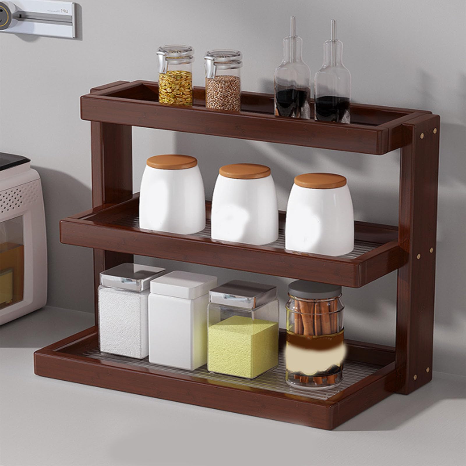 Nizer Kaffeestation aus Walnussholz, 3-stöckiger Becherhalter aus Holz und Küchenthekenregal für Tee, Kaffee, Bar, Zubehör, Matcha-Ständer, Tassen-Display und Gewürz-Aufbewahrungsregal