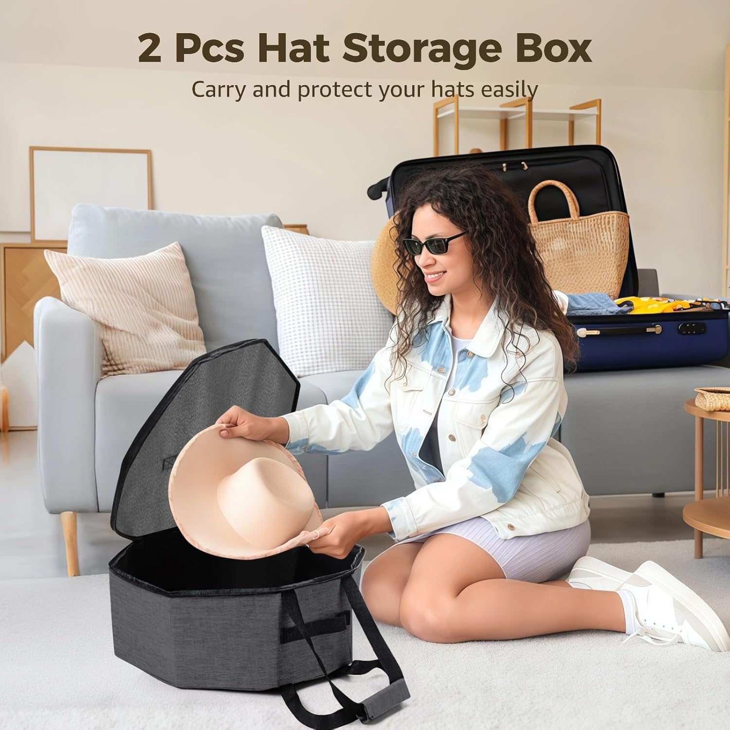 Cowboy Hat Storage Case, 2 Pcs Oxford Cloth Travel Organizer, Portable Cap Bag with Handle for Men Women, Ideal for Travel and Outdoors