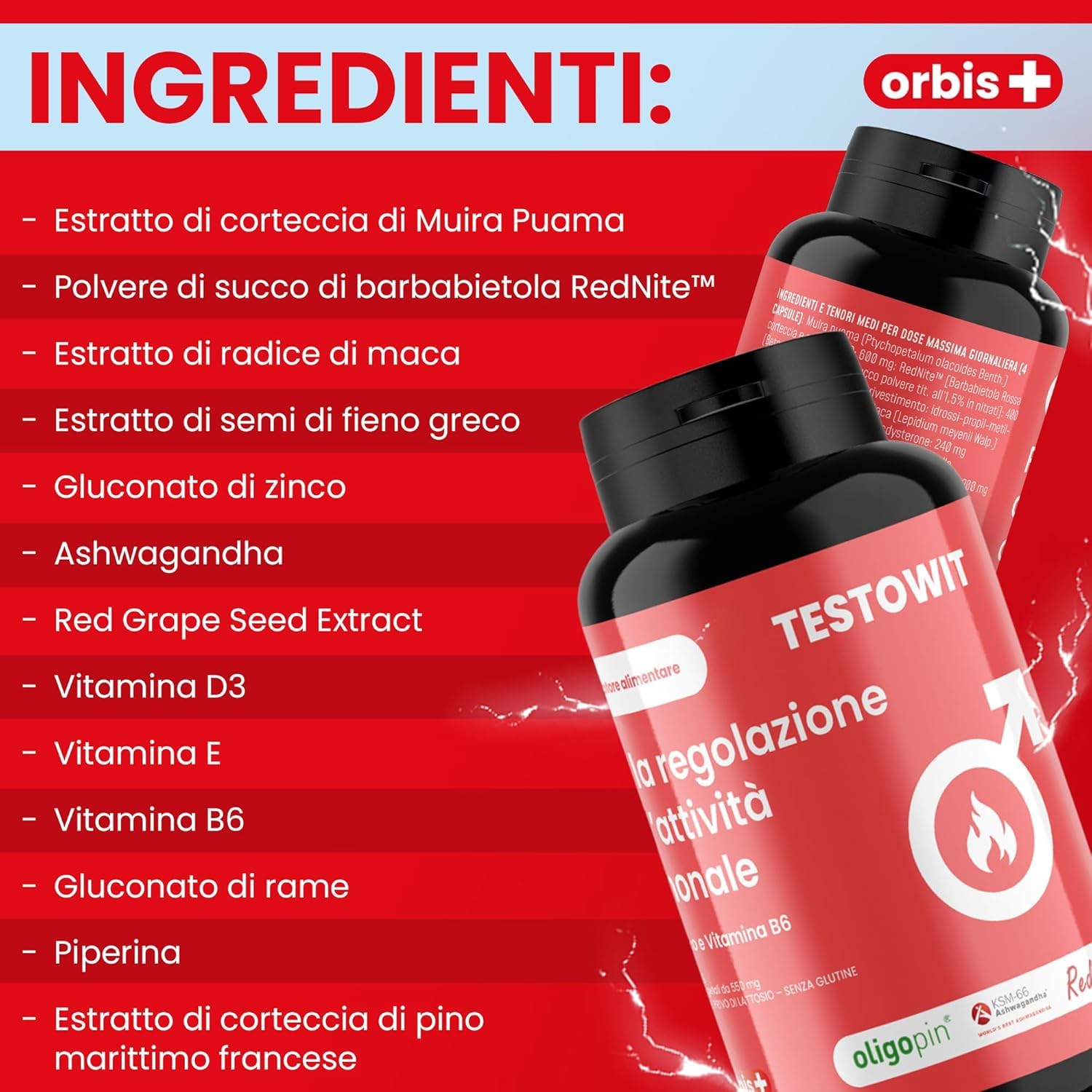 ORBIS TESTOWIT Integratore Naturale per Uomini | Supplemento per la Regolazione Ormonale con Muira Puama, Maca e Ashwagandha | aumenta la vitalità naturale | Forza & Energia Uomo | 120 Capsule