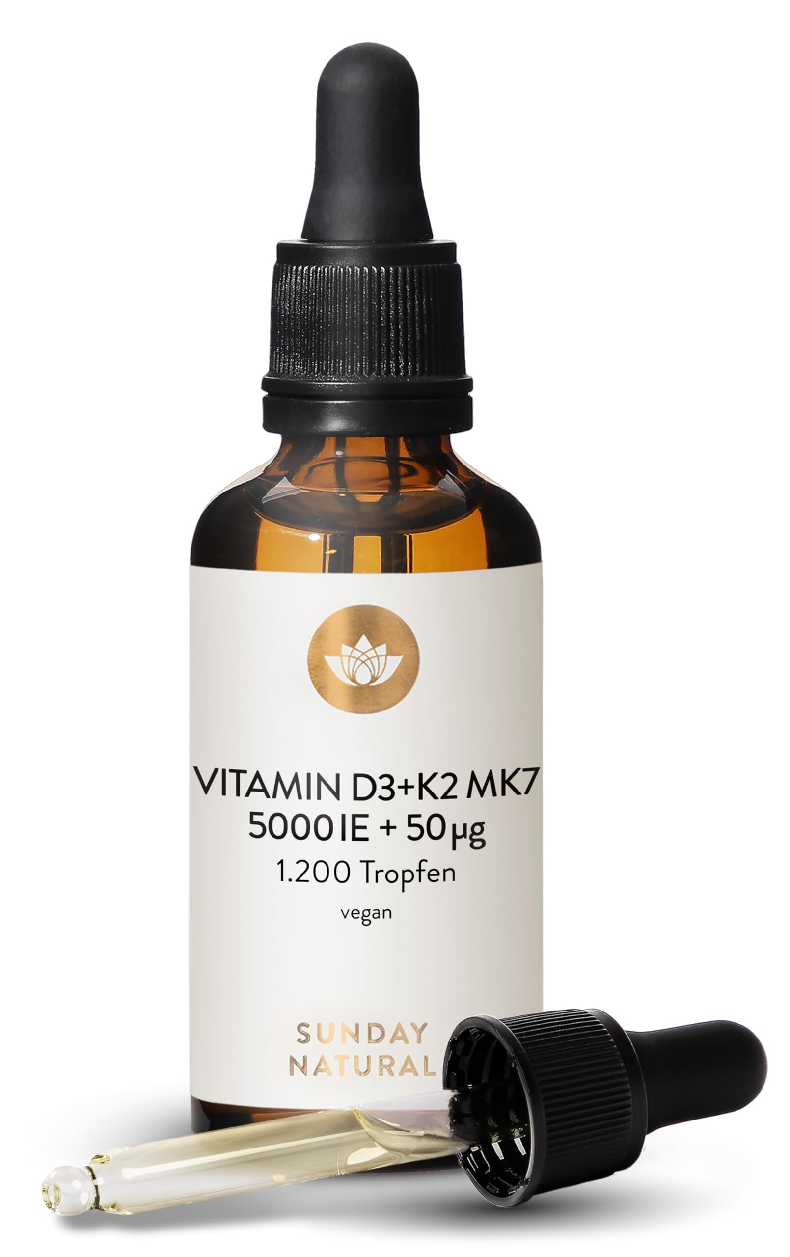 SUNDAY NATURAL® Vitamin D3 K2 Tropfen – Vitamin D 3 5.000IE (125µg) + K2-MK7 ≥99,8 % + all-trans 50µg – Vegan, Hohe Bioverfügbarkeit, ohne unnötige Zusätze