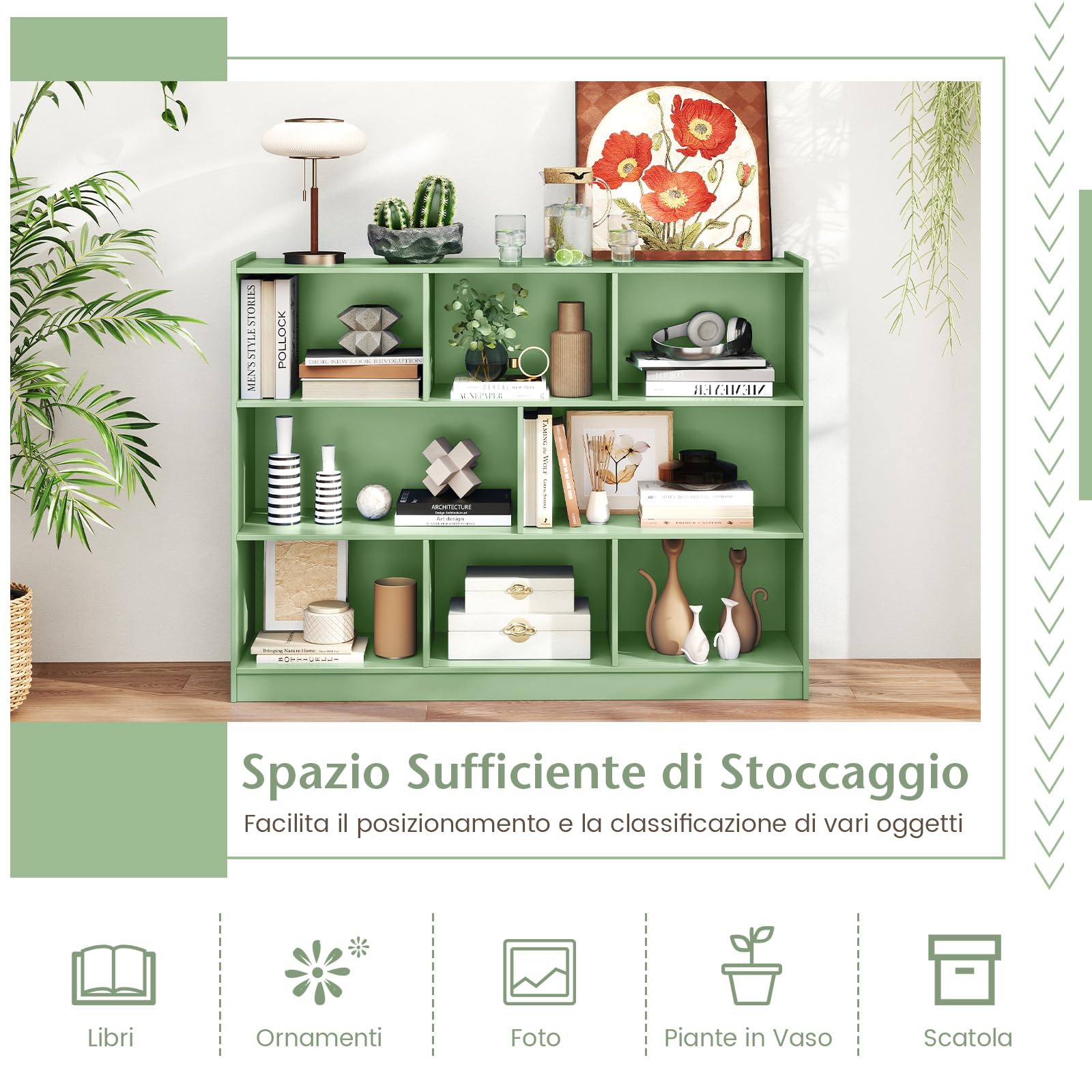 COSTWAY Libreria Scaffale da Terra con 8 Cubi, Libreria Multifunzione in Legno con Anti-ribaltamento, Salvaspazio per Cameretta, Soggiorno e Studio, Portata 220 kg, 122 x 32 x 93 cm (Verde)