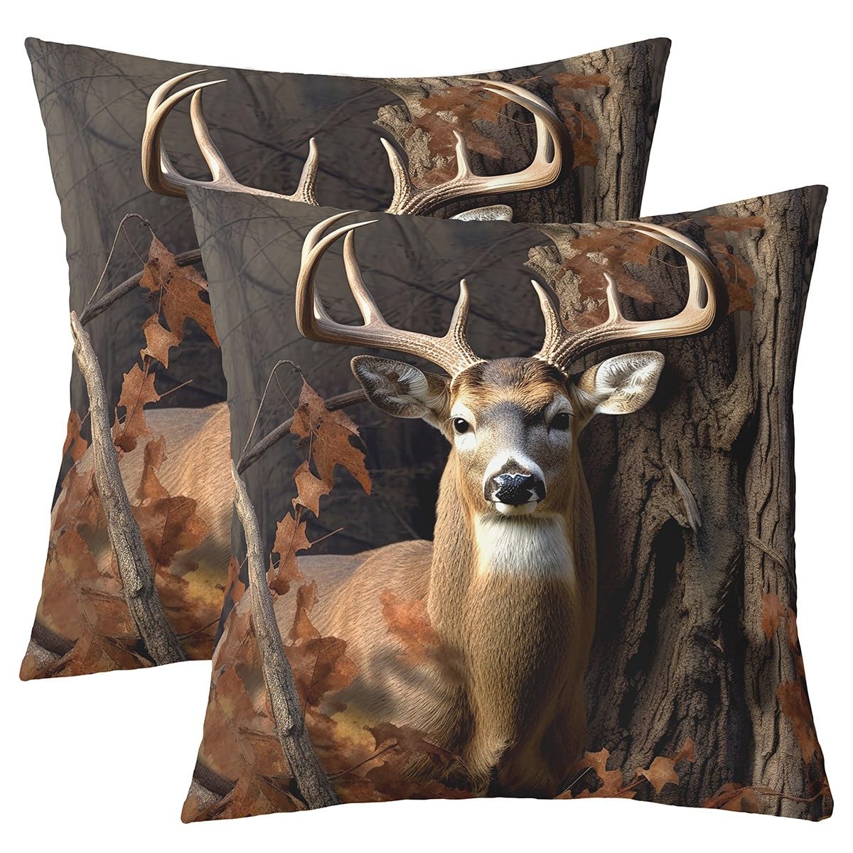 Deer Hunting Camo Throw Pillow Covers,Pack of 2 Hunter Pillow Covers 18x18 Inch For Bedroom Decor, Deer Cushion Cases For Adult Teen Boy Western Farmhouse Animal Decorative Square Pillow Cases,Brown