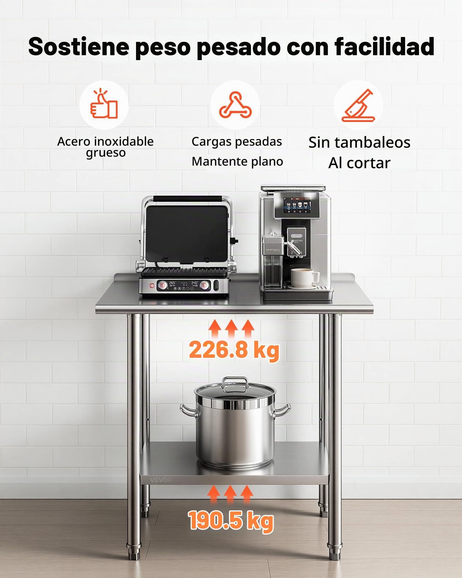 VEVOR Mesa de Trabajo de Acero Inoxidable 2 Niveles, Mesa de Preparación de Alimentos 91,5x61x89,4 cm, Estante Inferior Ajustable, Protector contra Salpicaduras, para Restaurantes, Bares, Hoteles