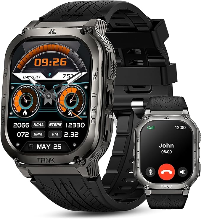AMAZTIM Smart Watch, 60 Days Extra-Long Battery, 5ATM Waterproof Swimming Diving, Full Metal Military Grade, Answer/Make Call, 2" AMOLED Display, Health Monitor Compatible for iPhone and Android