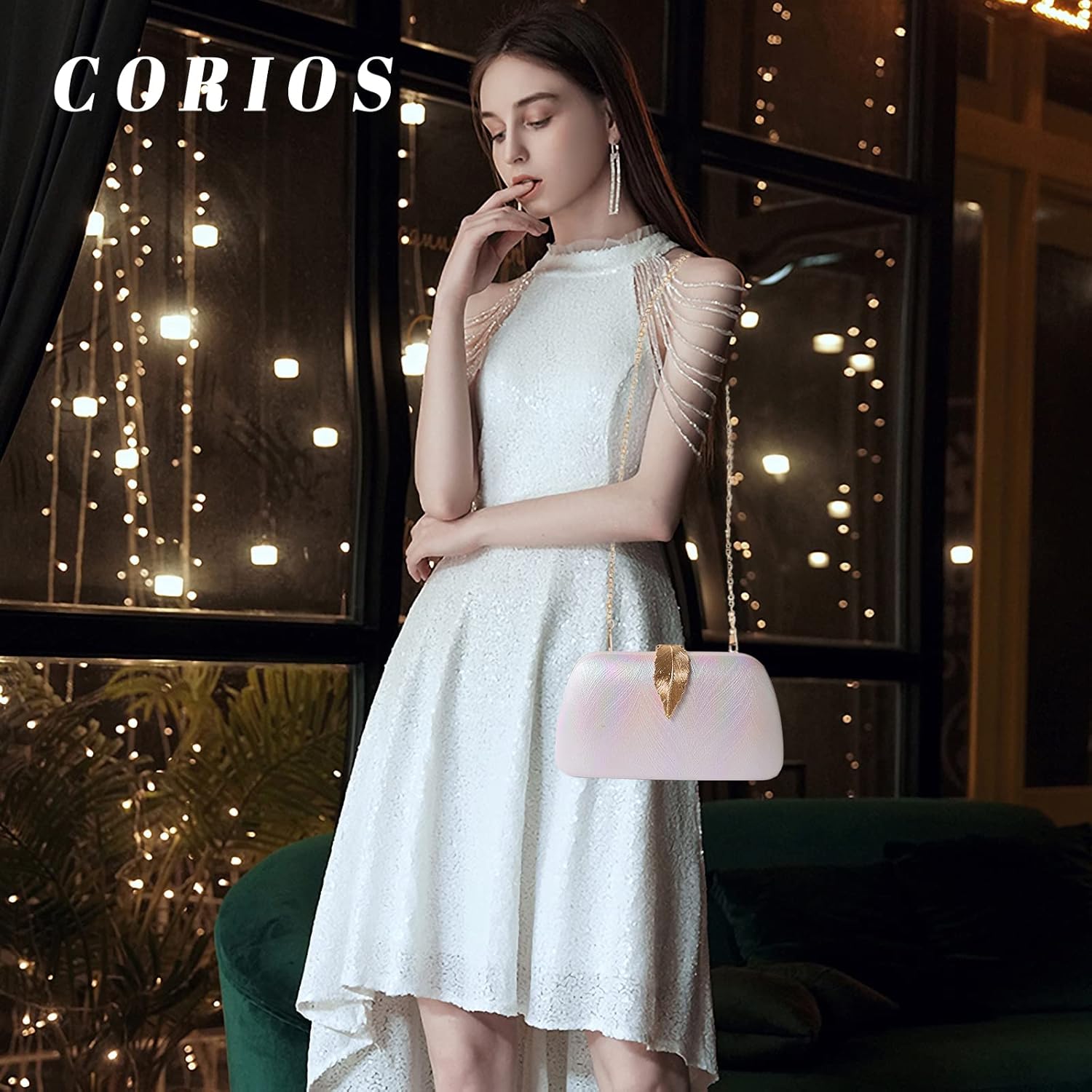 CORIOS Evening Bag for Women Small Clutch Purses with Leaf-style Flip Lock Sparkly Glitter Handbag