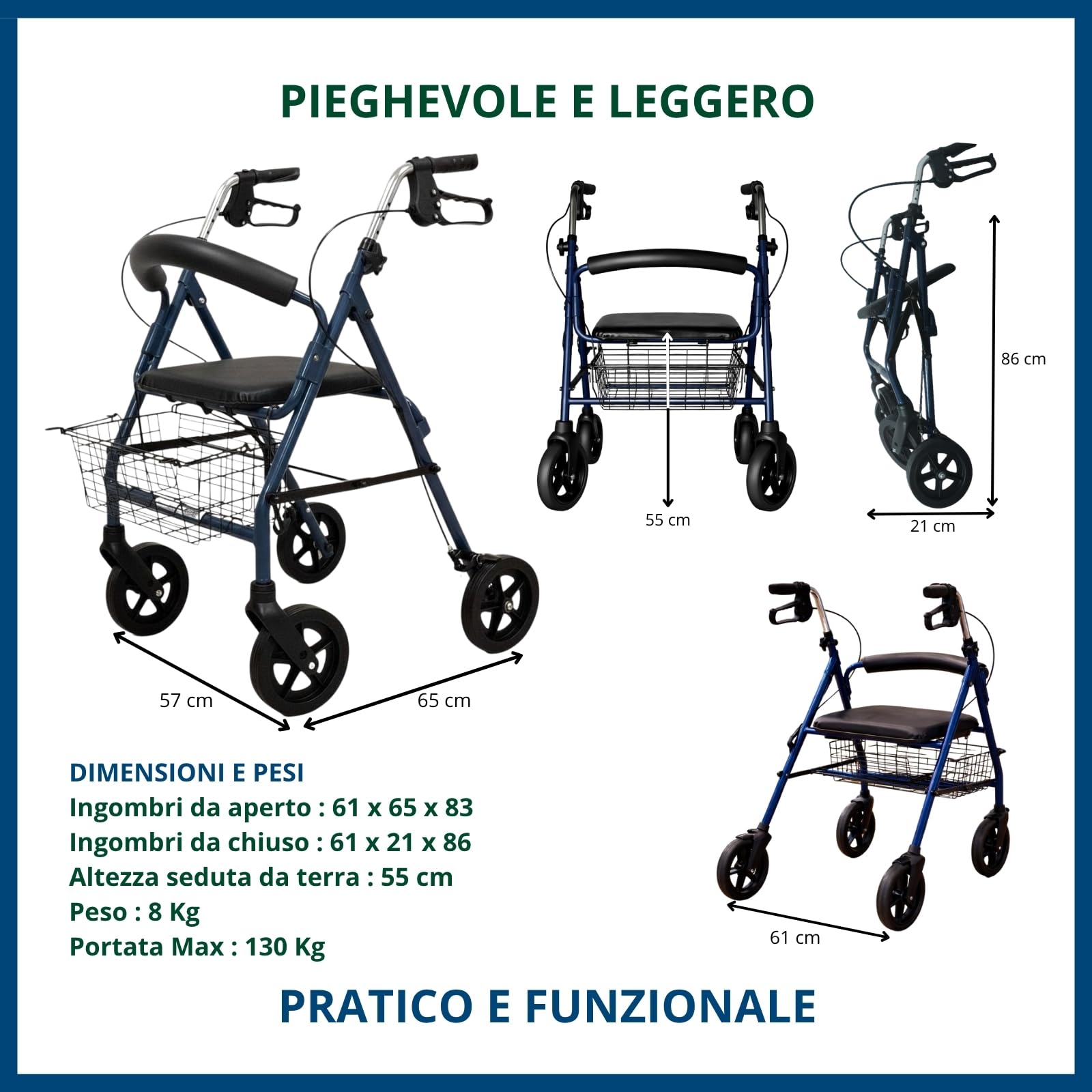 TERMIGEA RO23 Deambulatore per Anziani con Seduta Pieghevole in Alluminio Ultraleggero, Carrello per Anziani per Camminare con Sedile, Freni di Stazionamento e Altezza Impugnature Regolabile