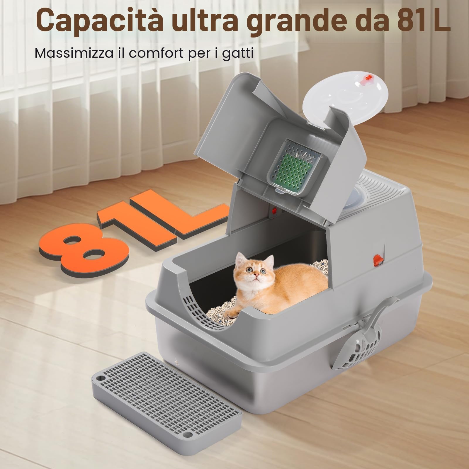 Lettiera per gatti in acciaio inox – coperta, adatta per gatti piccoli, medi e grandi, facile da pulire, controllo degli odori, superficie antiaderente, rimovibile, flip top a 180°, grigio