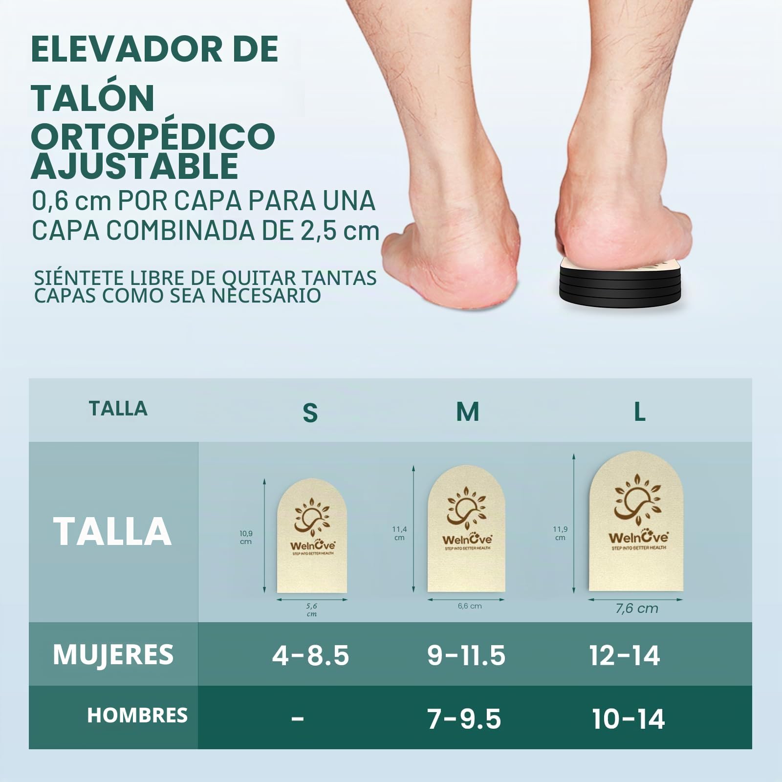 Welnove 4 capas de zapatos ajustables para piernas desiguales Discrepancia de la longitud de la pierna Dolor de talón - 1 pulgada Incremento de la altura Inserto (Beige, tamaño M)
