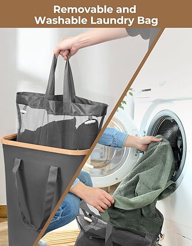 Miniatura 4 de yamagahome Cesta de lavandería delgada con tapa, cesta estrecha para la ropa sucia con ruedas y bolsa extraíble, cesta delgada para la ropa sucia