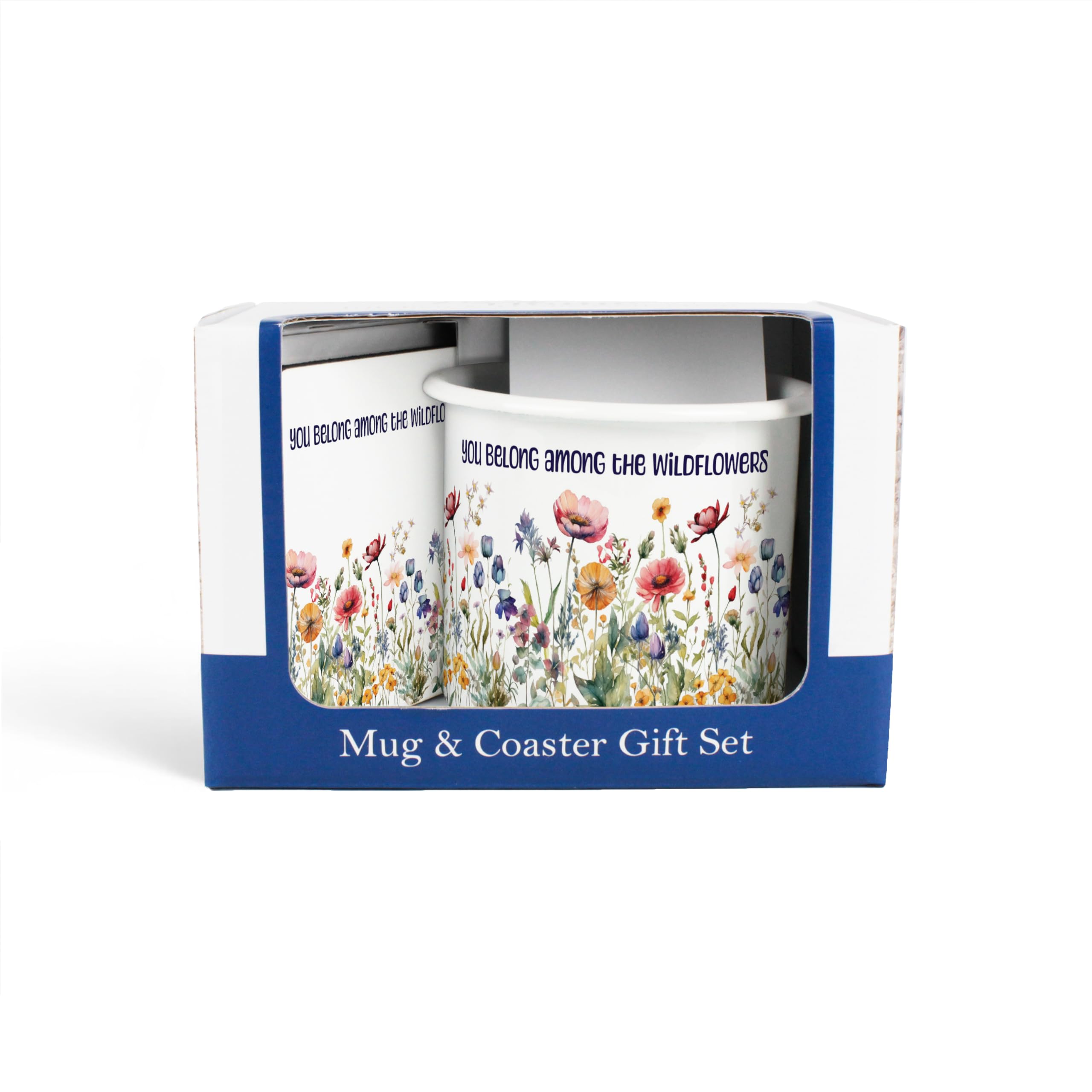 Purely Home Wildflower Mug & Coaster Gift Set - You Belong Among The Wildflowers - Enamel Mug and Cork Coaster Set - Tea/Coffee Present for Gardeners