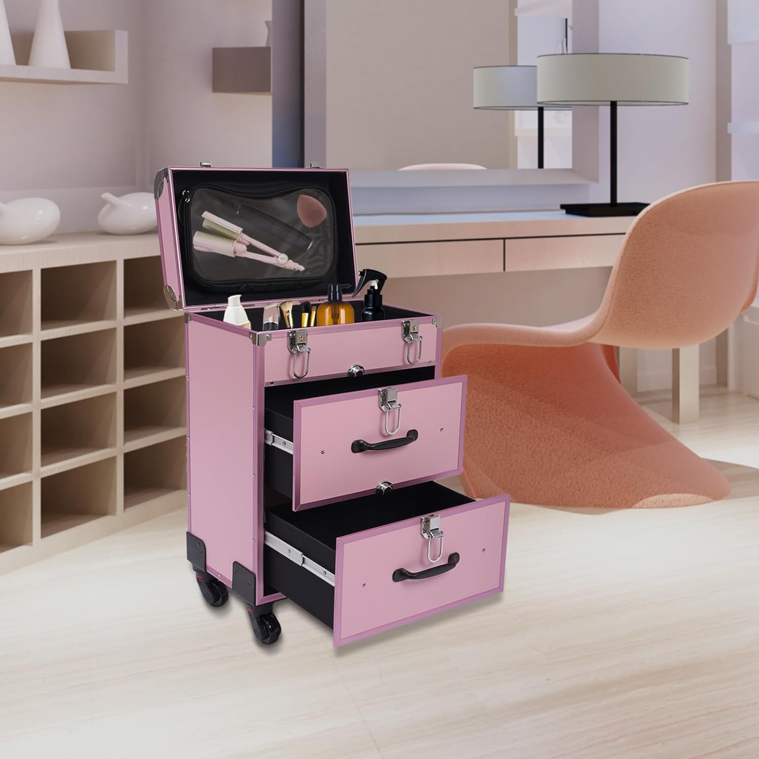 4 in 1 Makeup Rolling Train Case Aluminum Trolley Professional Cosmetic Organizer Box, Large Cosmetic Trolley with Locks for Professional Make-Up Artists