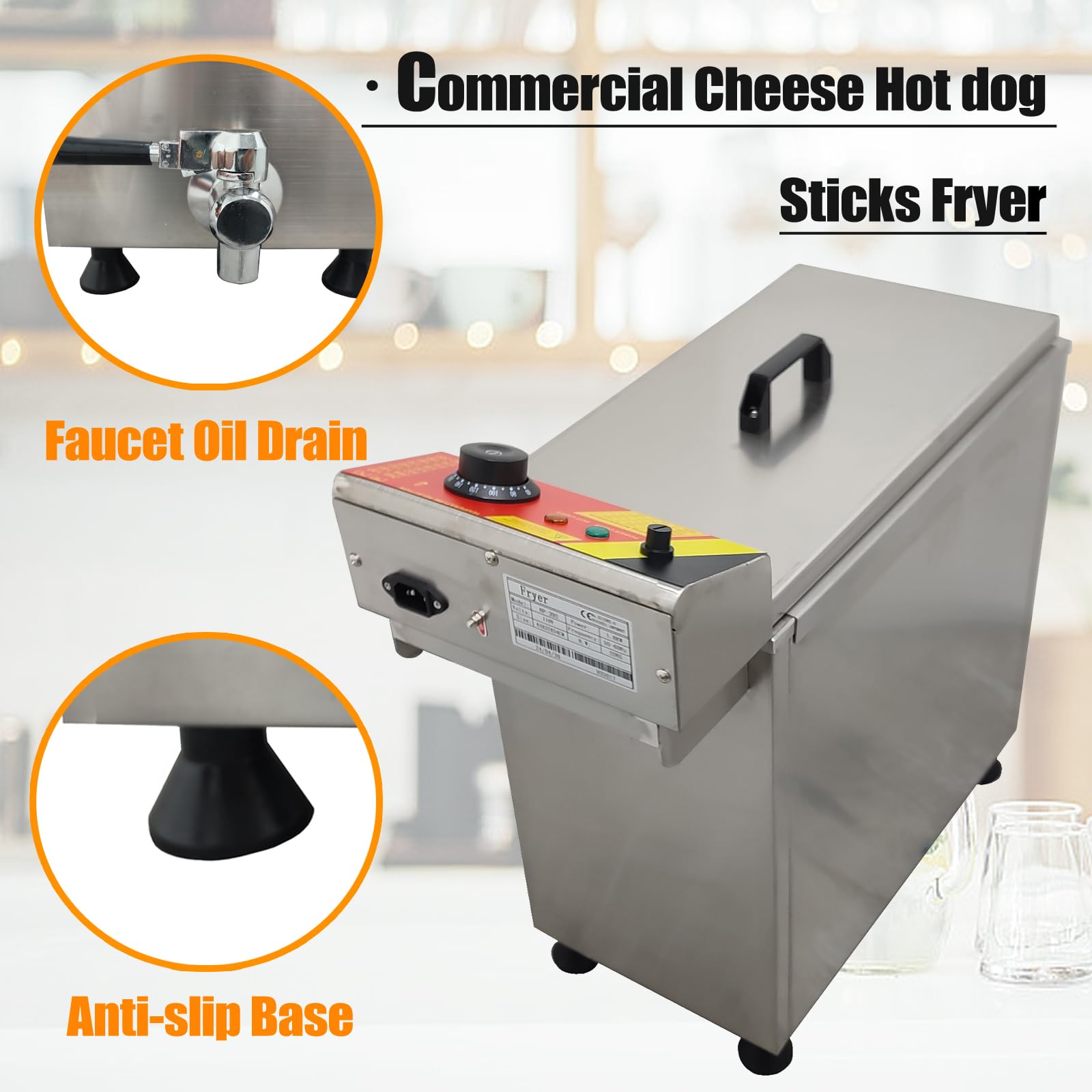 TECHTONGDA Commercial Cheese Hot Dogs Sticks Frying Machine 110V Electric Deep Fryer, Automatic Corn Dog Deep Fryer with Adjustable Temperature and Oil Discharge Valve, 12 Clamps