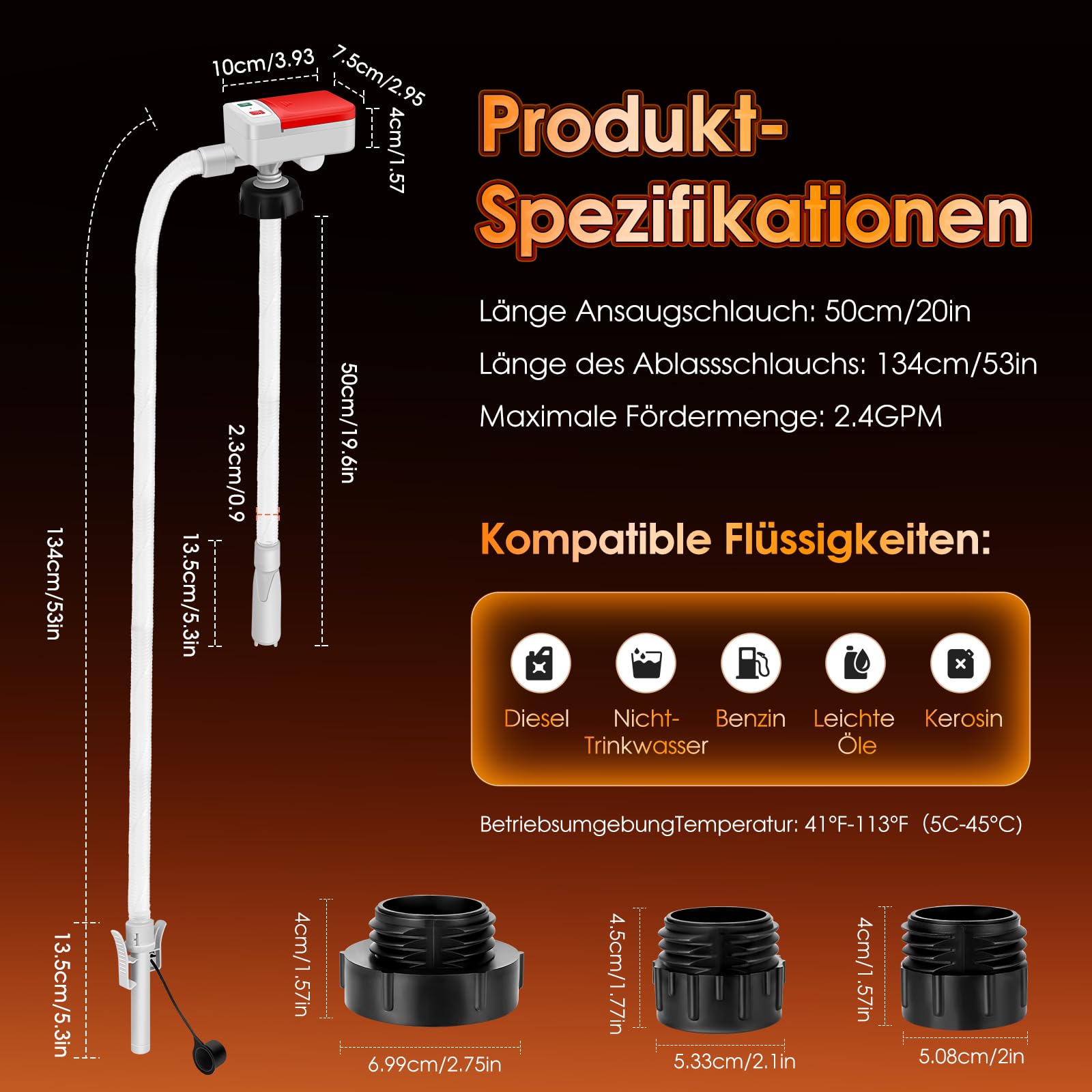 Pompa di Trasferimento del Carburante con Sensore di Arresto Automatico - 2,4 GPM, Pompa Travaso Gasolio Elettrica con Adattatore di 3 Dimensioni, Pompa per Liquidi Portatile a Batteria per Olio, Benz