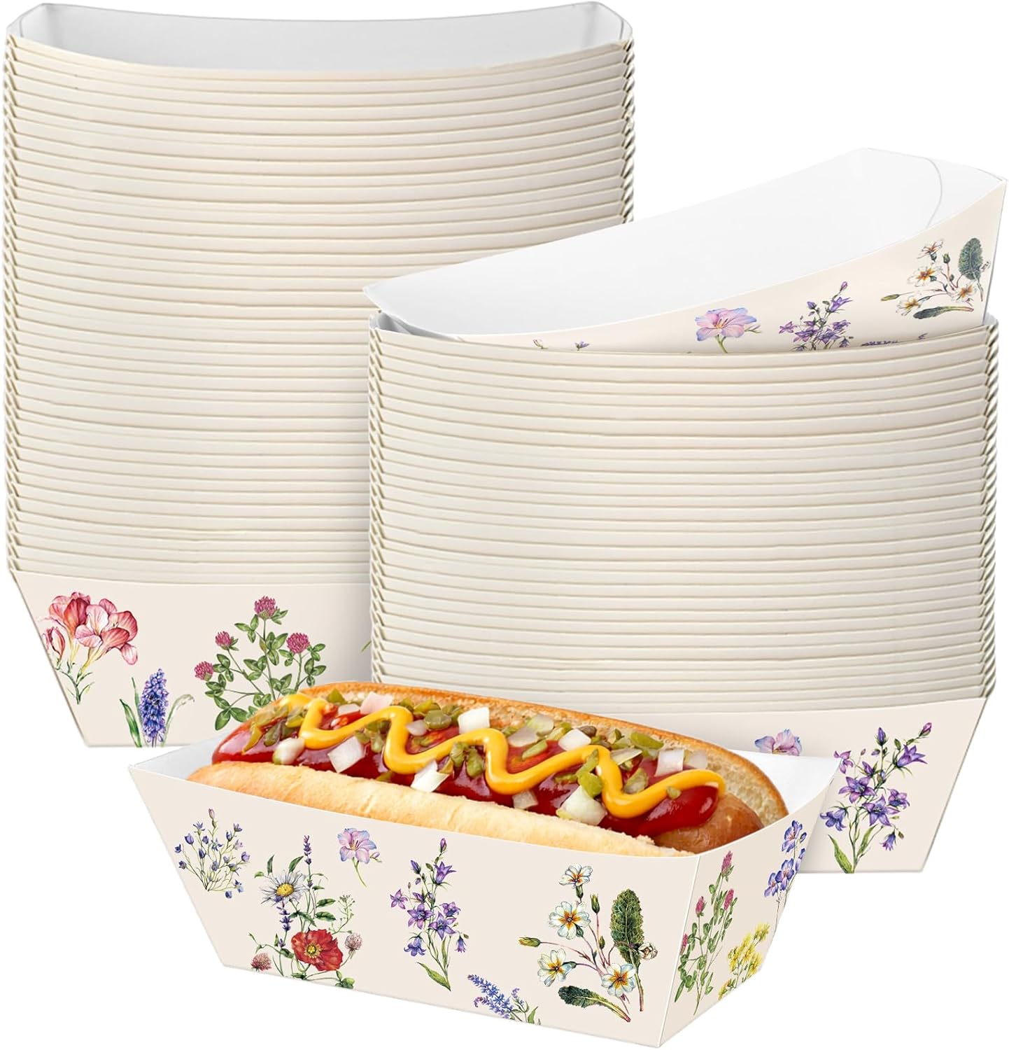 Funnymoom 100 Pcs Wildflower Paper Food Trays Floral Food Serving Trays 4.13 x 2.2 Inches Disposable Vintage Nacho Boat for Spring Birthday Flower Baby Shower Bridal Wedding Tea Party Supplies