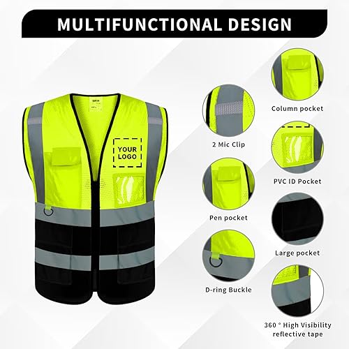 Miniatura 4 de BeautyWill Chaleco de seguridad con logotipo personalizado, Hi Vis Clase 2, chaleco reflectante de construcción unisex con 5 bolsillos