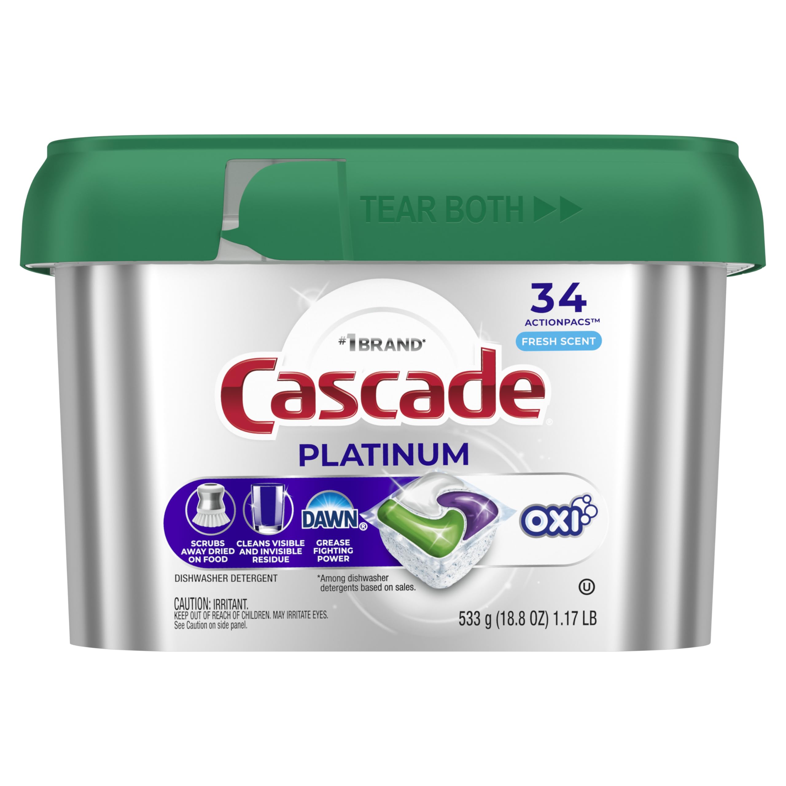 Cascade Platinum Dishwasher Pods, Dishwasher Detergent, Dish Detergent Soap, Fresh, 34 count