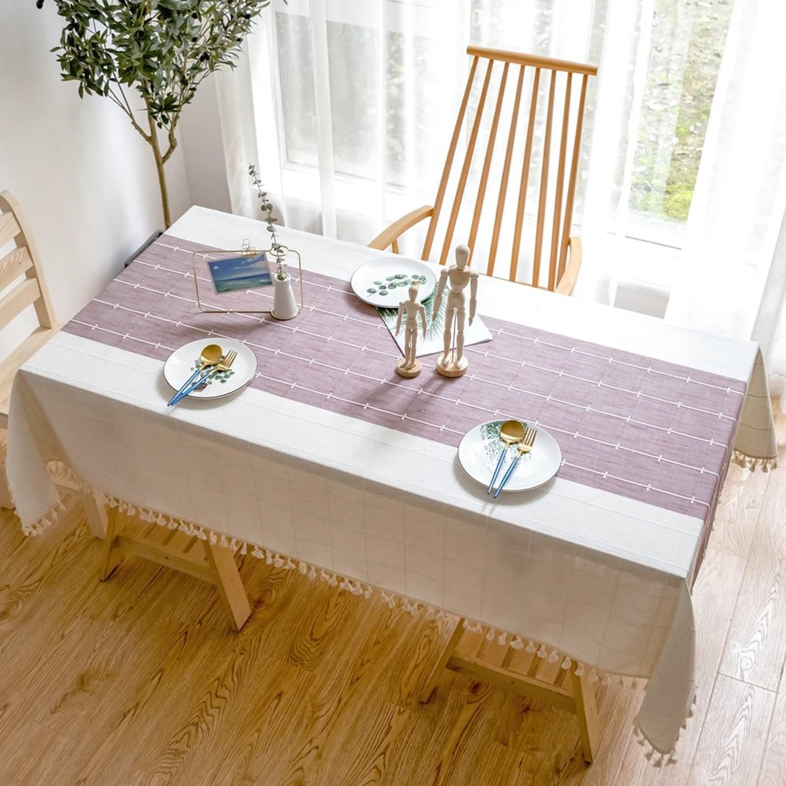 Tovaglia Esterno Rettangolari Giunzione A Scacchi con Nappe Tovaglia Antimacchia Lino Viola,140x260CM