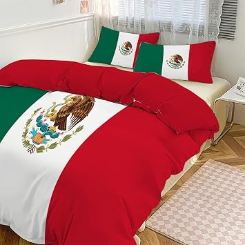 Mexican Flag Duvet Cover Set Queen, Red Green 3 Pieces Bedding Sets with Pillowcases Reversible Retro Stripes National Emblem Printed Soft Comforter Cover 90"X90", Not Comforter