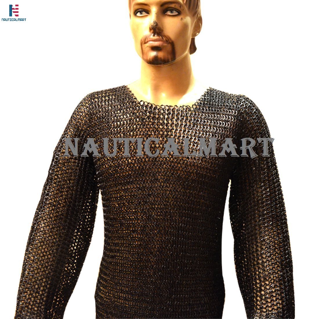 NauticalMart Chain Mail Vikings Armour Flat Riveted Solid Chest 54 Large Blackend