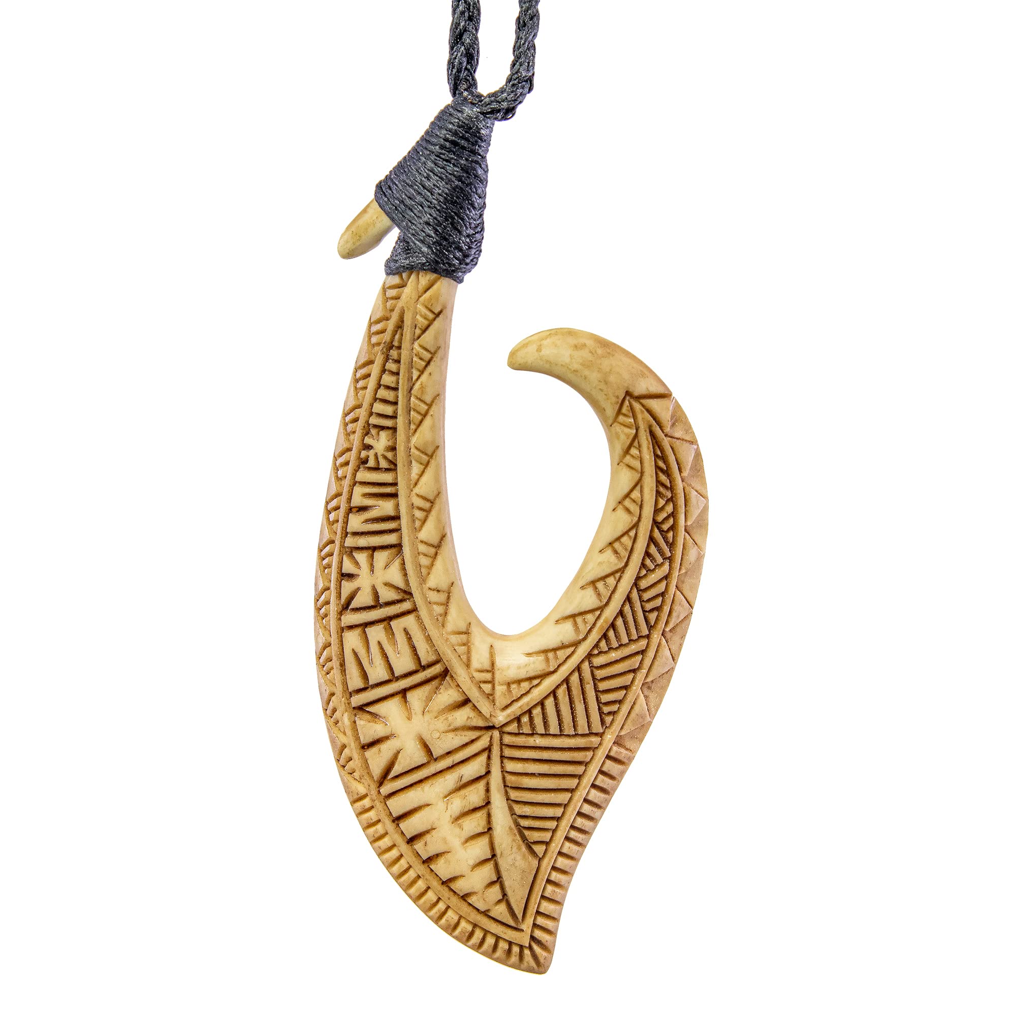 Hand Carved Bone Mega Sized Fish Hook Necklace with Scrimshaw (XXLFH9044)