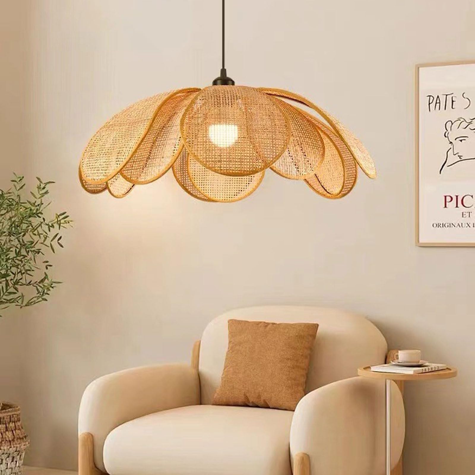 Wisząca lampa w stylu boho z wikliny w stylu rustykalnym, pleciona lampa wisząca z motywem kwiatowym, ręcznie robiony żyrandol nad wyspę kuchenną, odpowiedni do jadalni, rustykalne oświetlenie