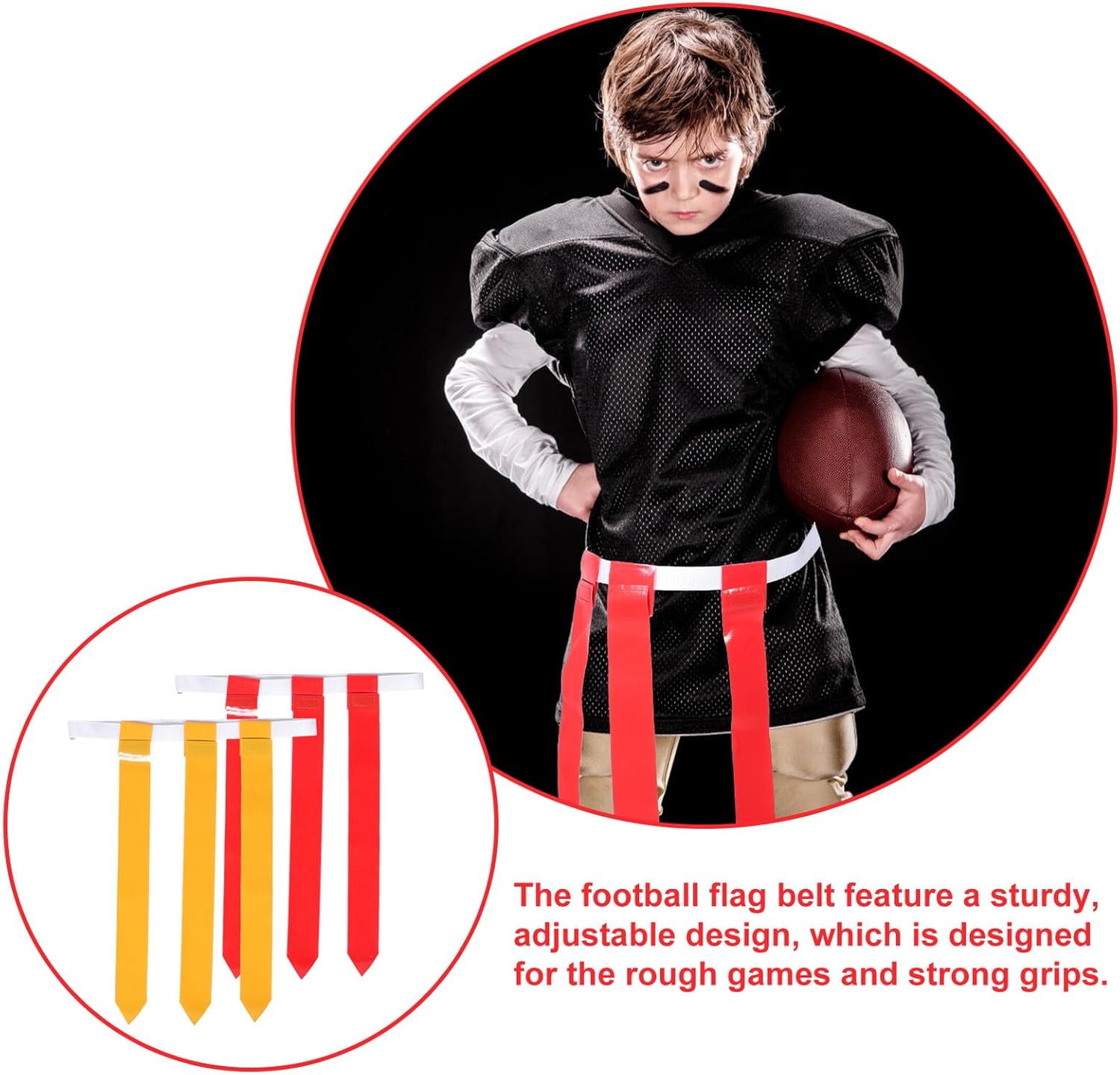 Flag Football Waist Belt Set with Adjustable White Belts and Reusable Red and Yellow Flags for Youth Football Game Training