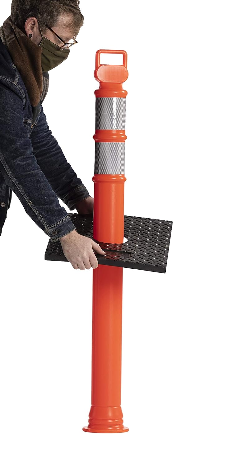 Crowd Control Warehouse White 45" Delineator Post with Base, 3" Reflective Collars, 10lb Rubber Base, Impact-Resistant LDPE (Low-Density Polyethylene) – Parking Cones, Road Cones, Traffic Barrier