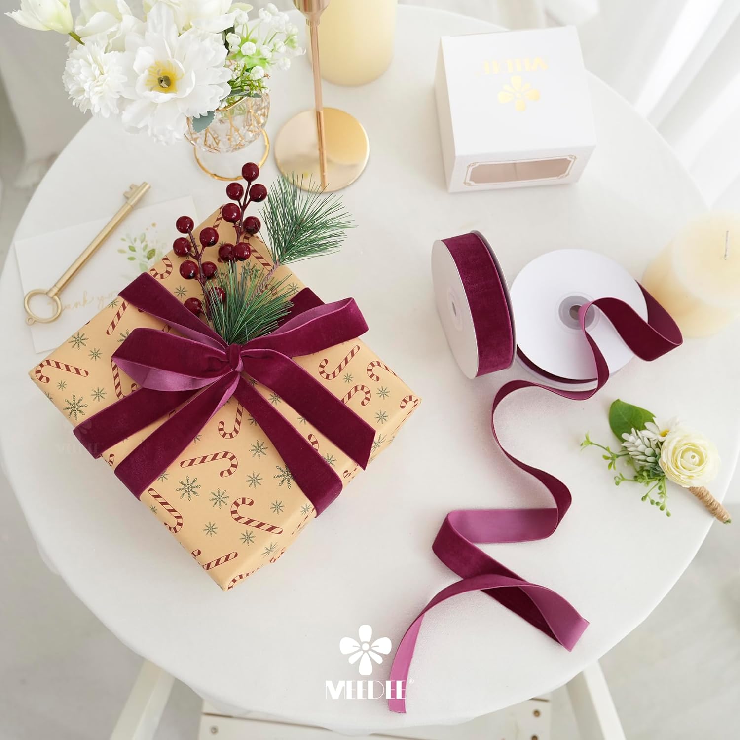 MEEDEE Burgundy Velvet Ribbon 1 Inch Single Face Nylon Velvet Ribbon 2 Rolls 20 Yards Wine Ribbons for Christmas Tree, Gift Wrappig, Rustic Wreath, Velvet Bow Making, Floral Bouquet, Home Decor Burgundy 1 inch