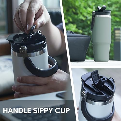 Miniatura 6 de Vaso con popote y asa de tapa, taza de café de acero inoxidable de 30 onzas, taza de café aislada al vacío, taza de café aislada al vacío, a prueba
