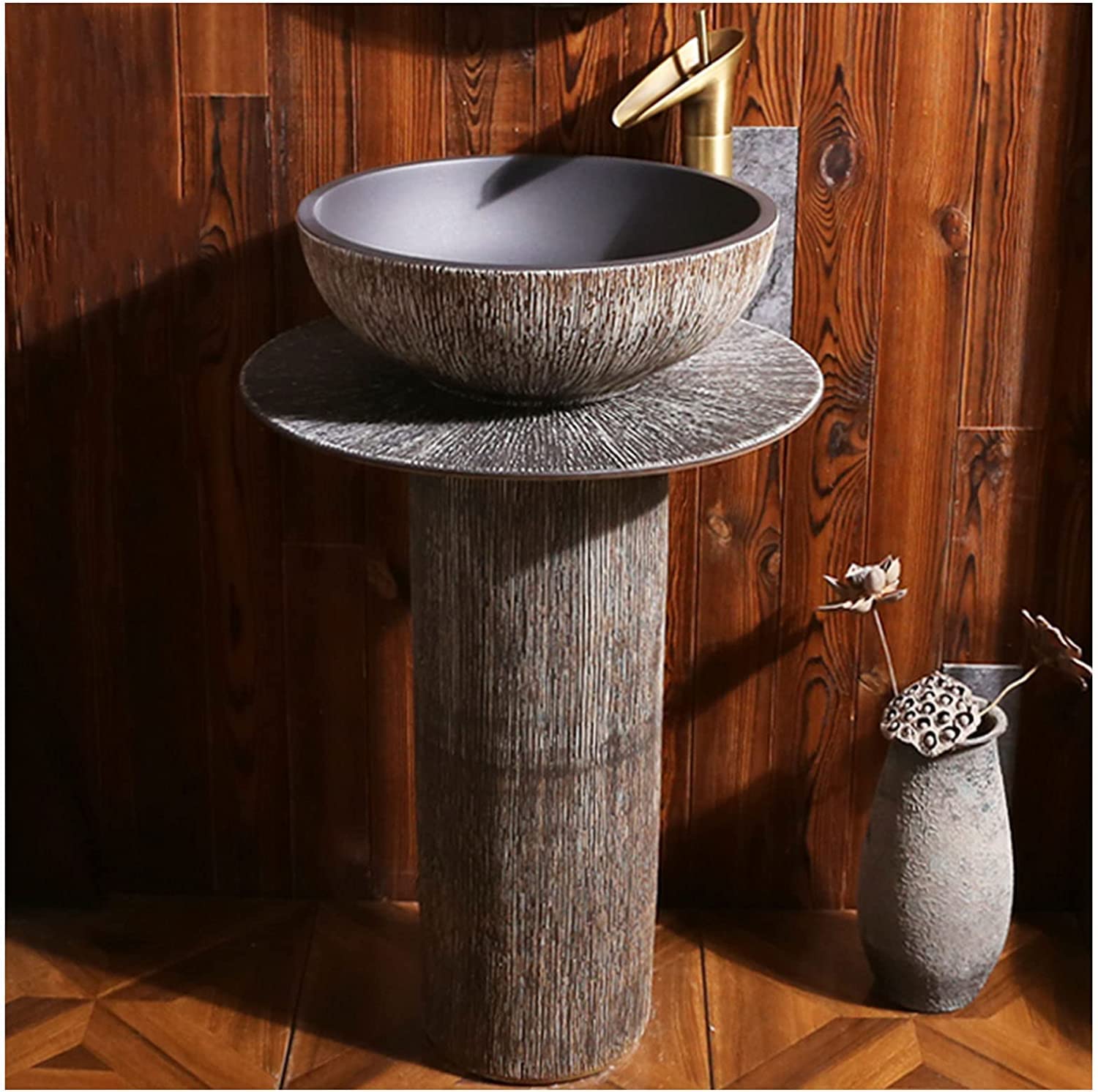 OLSKFUH Freestanding Pedestal Sink Floor Standing Art Sink Pedestal Sink, Contemporary Bathroom Sinks, Compact Corner Sinks, Home Bathroom Kaolin Clay Vessel Sinks Combo For Indo,B-With accessories