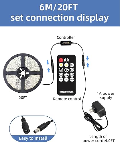 Miniatura 7 de Tiras de Luces LED de 20 pies con Control Remoto, Luces de Cinta Regulables Blanco Luz de Día 6500K, 12V 360 LEDs 2835 Luces de Cuerda Adhesivas
